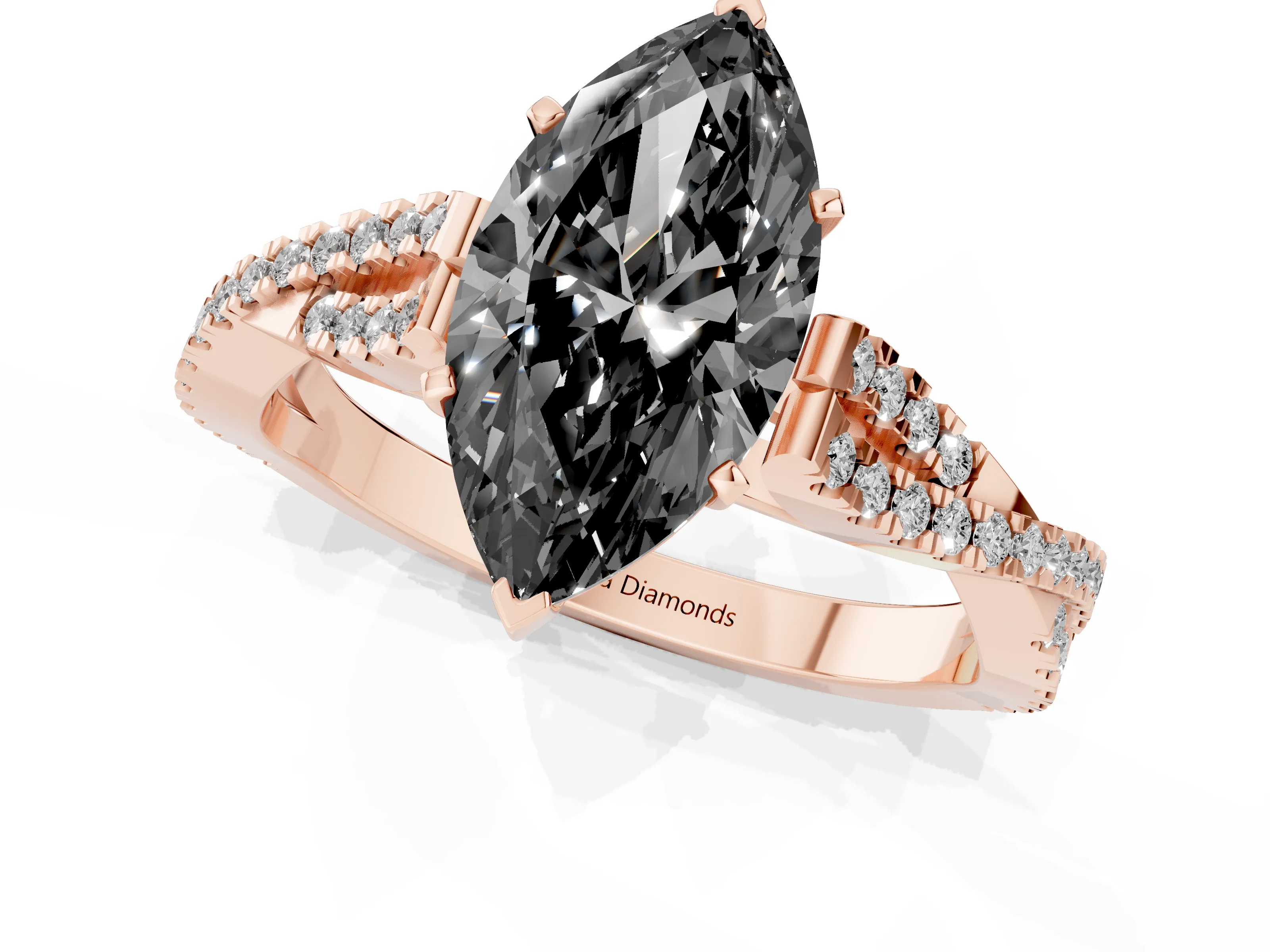 Fancy Black Marquise Cut Diamond Solitaire Engagement Ring Set in Rose gold with Twisted Pavé Band and Prong Setting