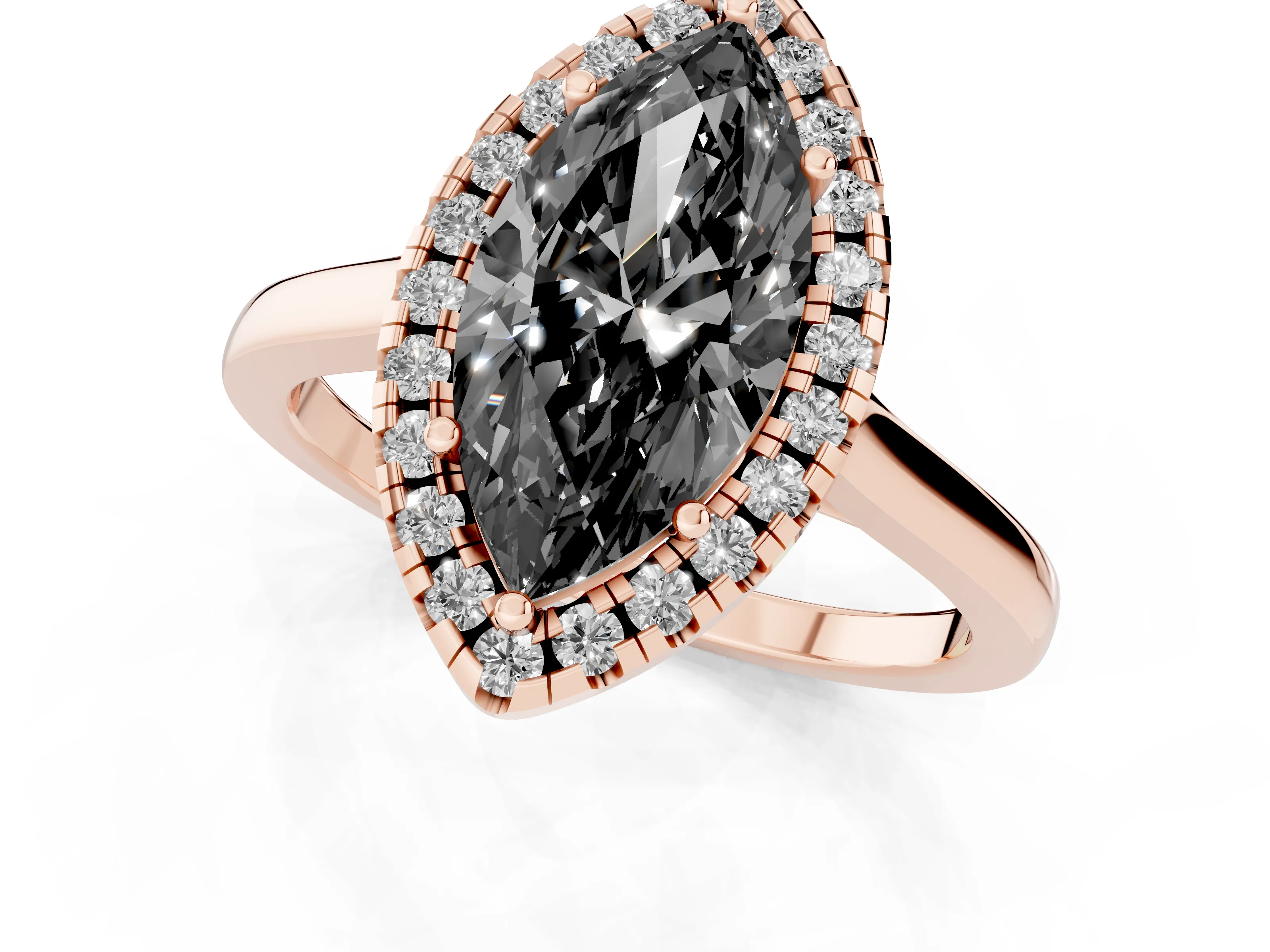 Fancy Black Marquise Cut Halo Round Diamond Solitaire Ring Set in Rose gold with Pavé Band and Prong Setting