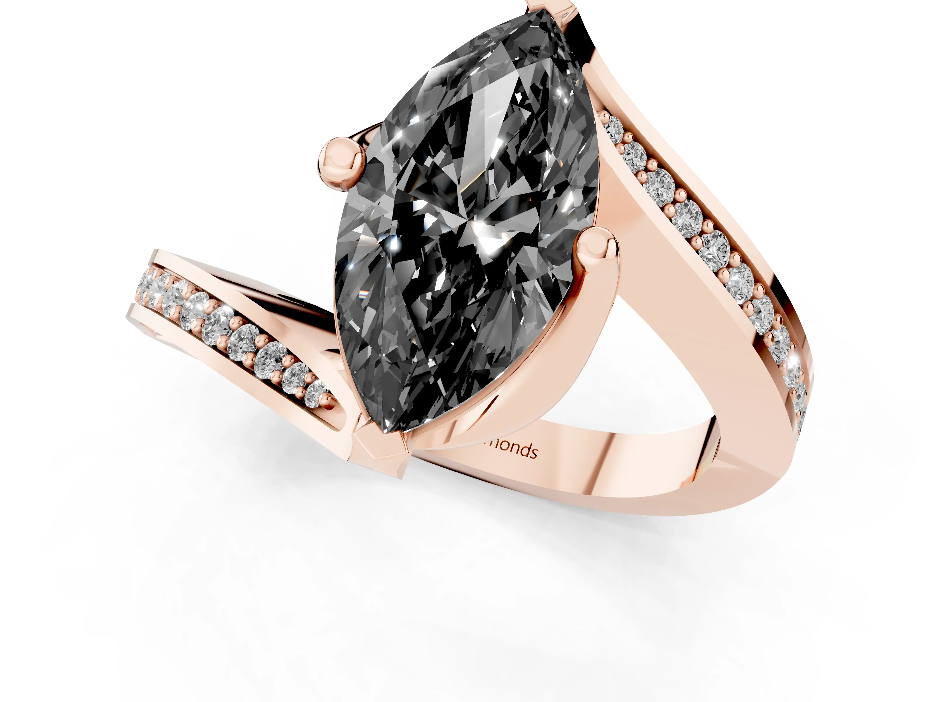 Fancy Black Marquise Cut Diamond Solitaire Ring Set in Rose gold with Intertwined Pavé Twist Band