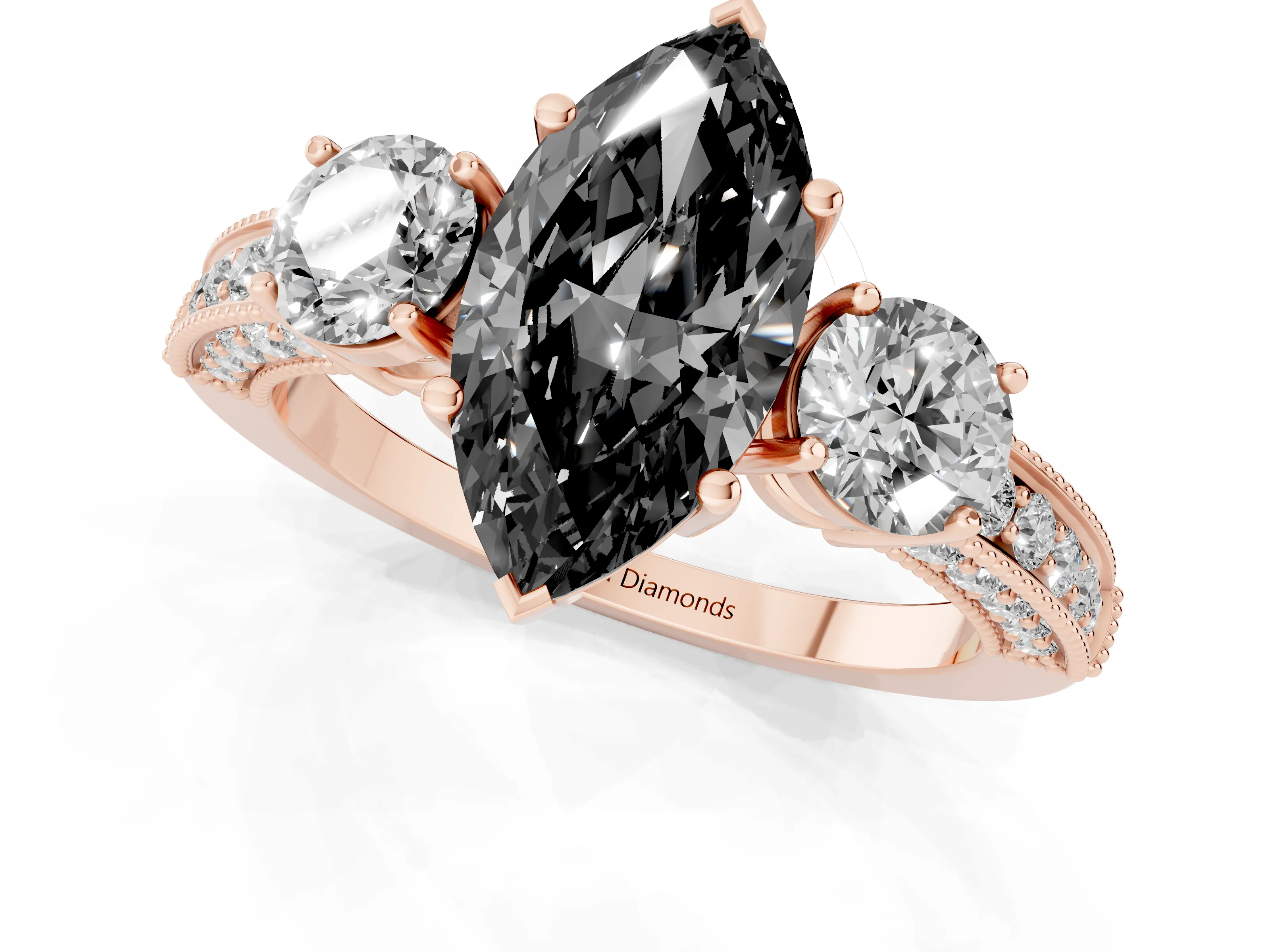 Fancy Black Marquise Cut Diamond Three-Stone Ring Set in Rose gold with Round Side Stones and Pavé Band