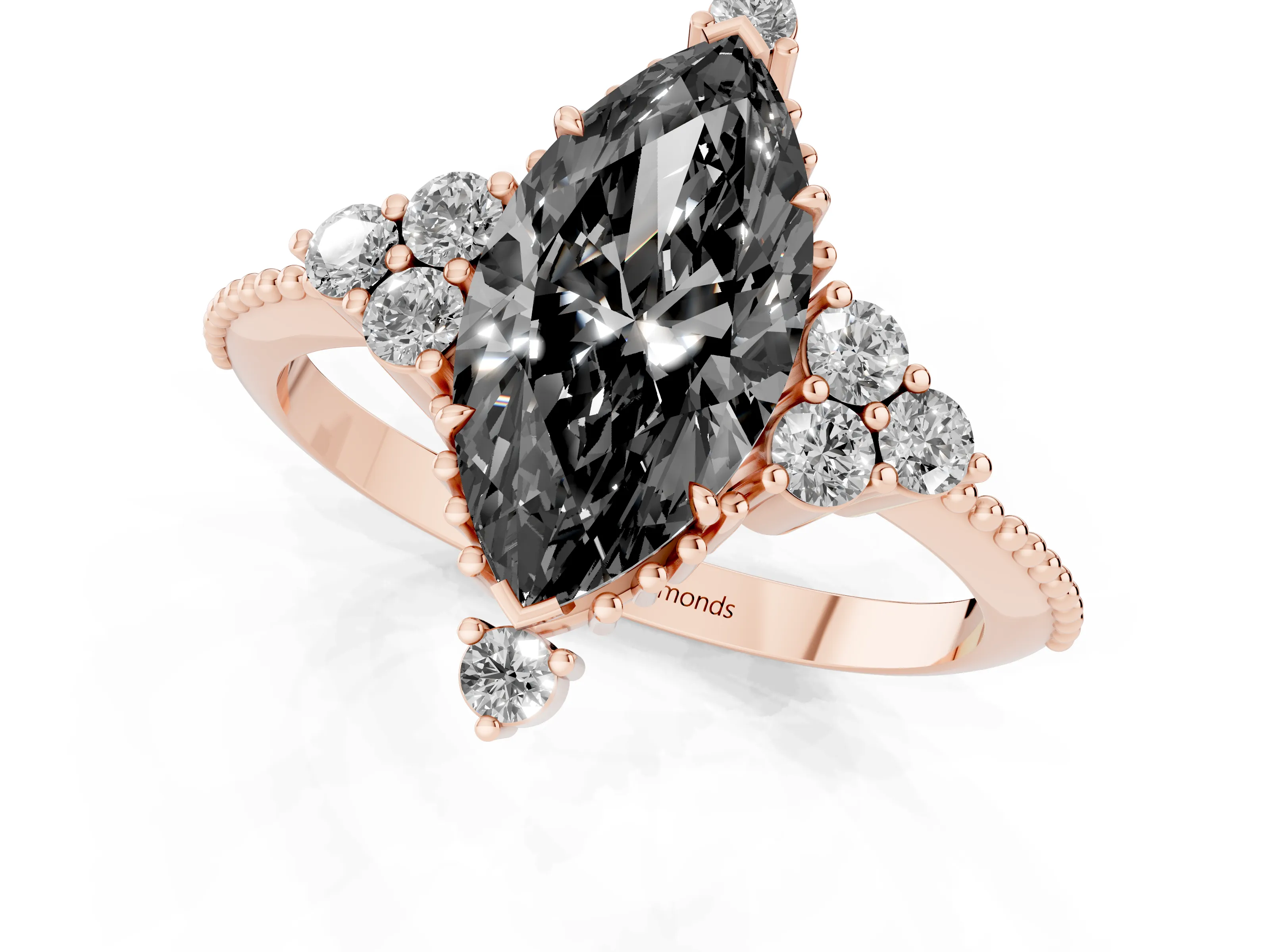 Fancy Black Marquise Cut Diamond Cluster Ring Set in Rose gold with Beaded Band
