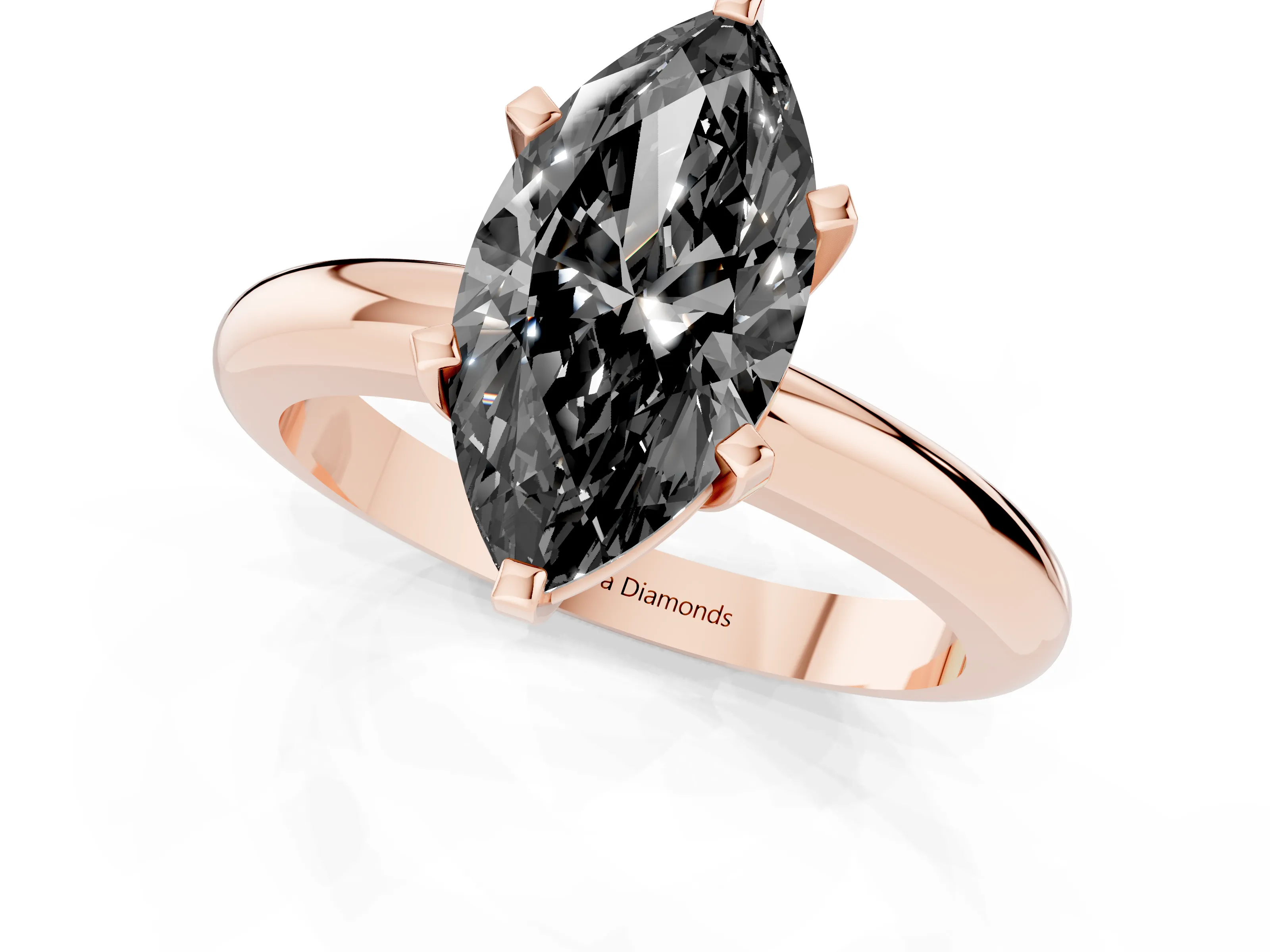 Fancy Black Marquise Cut Diamond Solitaire Engagement Ring Set in Rose gold with Round Band and Prong Setting