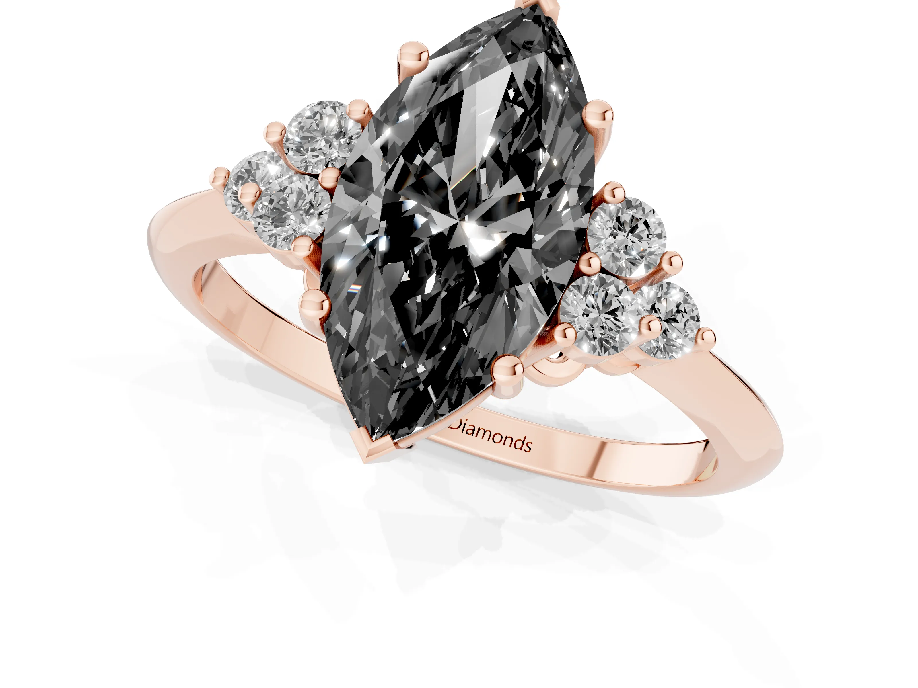 Fancy Black Marquise Cut Diamond Cluster Ring Set in Rose gold with Plain Band and Prong Setting