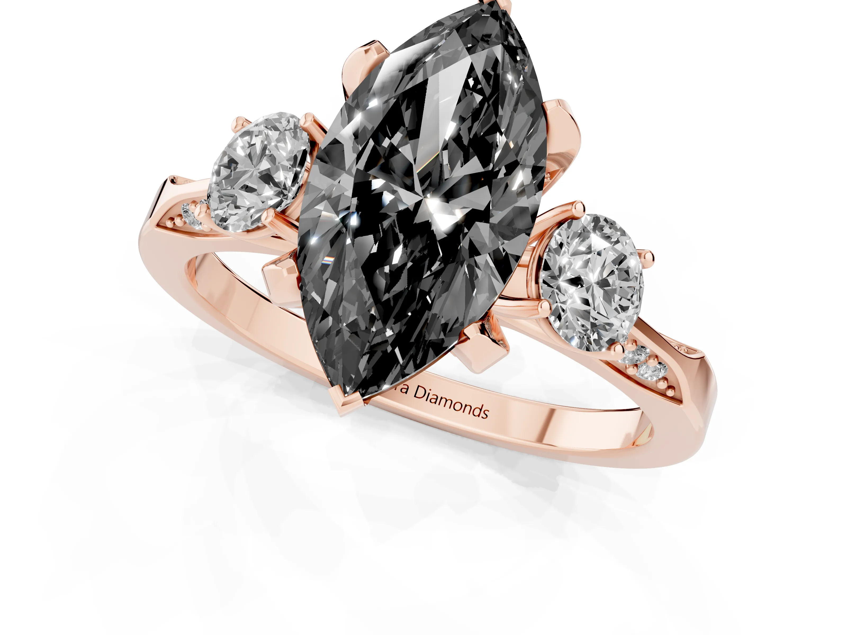 Fancy Black Marquise Cut Diamond Three-Stone Ring Set in Rose gold with Pavé Band and Smaller Side Stones