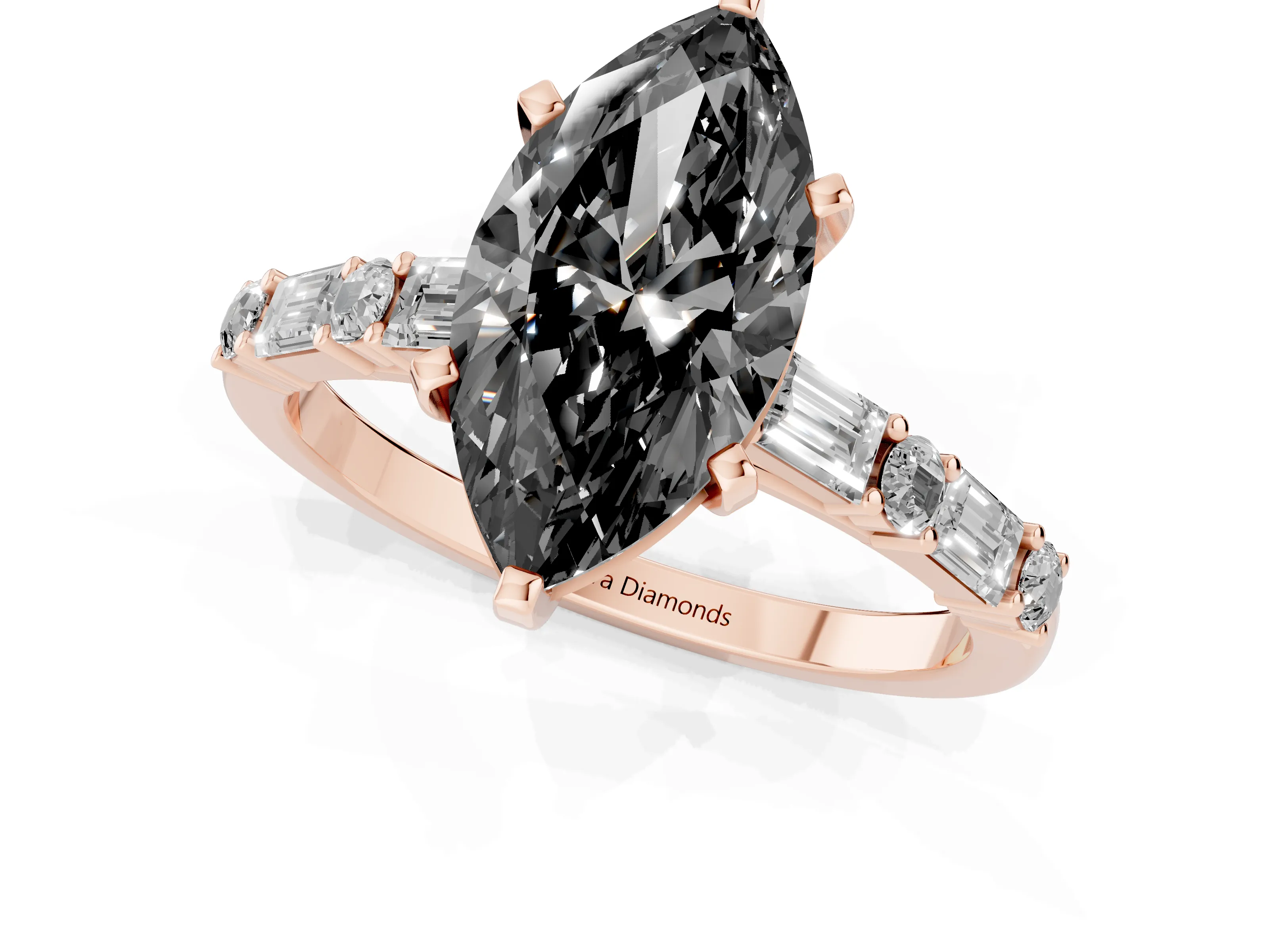 Fancy Black Marquise Cut Diamond Solitaire Set in Rose gold with Side Baguettes and Channel Set Band