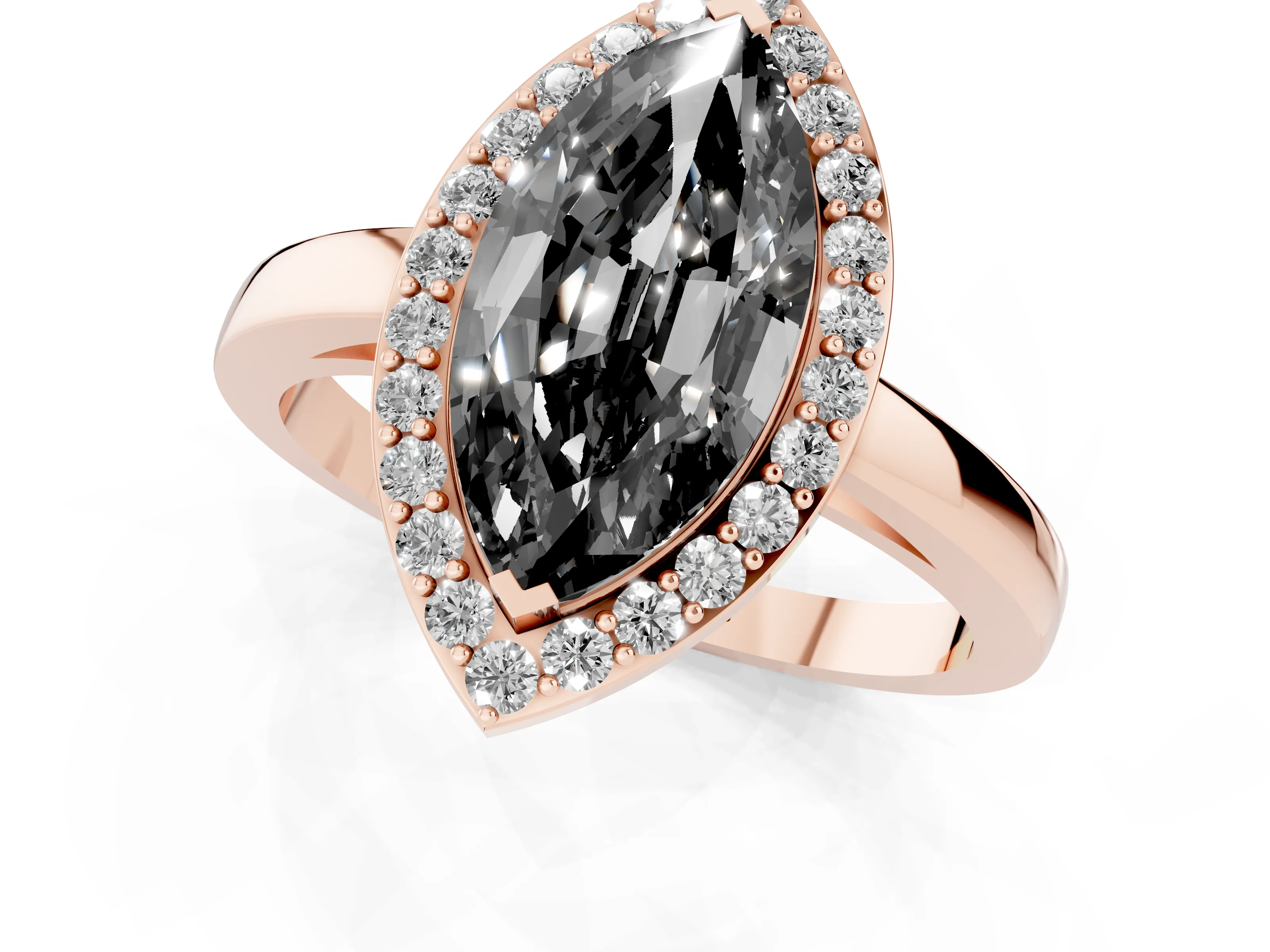 Fancy Black Marquise Cut Diamond Halo Ring Set in Rose gold with Solitaire Band and Prong Setting