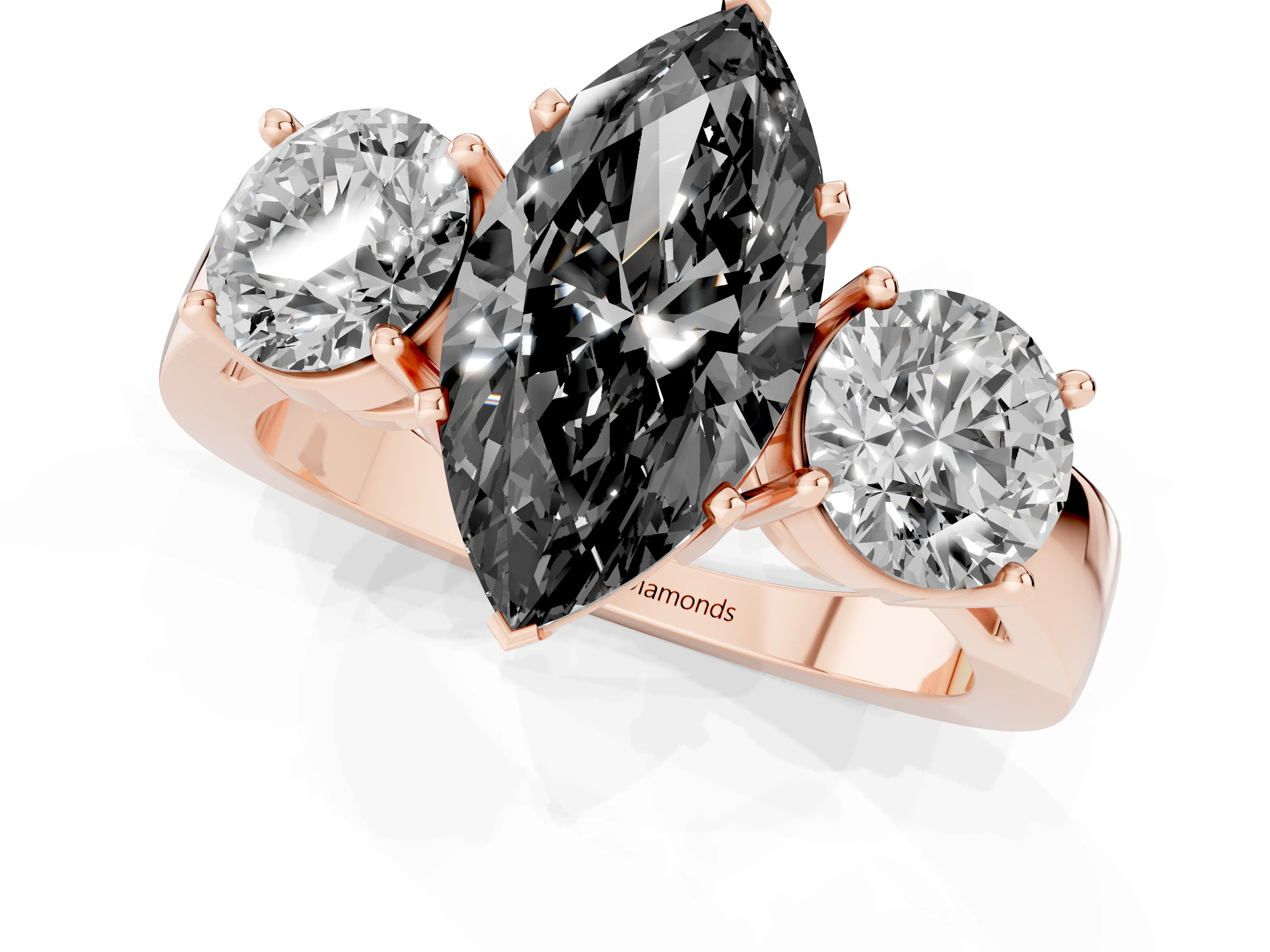Fancy Black Marquise Cut Diamond Three-Stone Ring Set in Rose gold with Round Side Stones and Classic Band