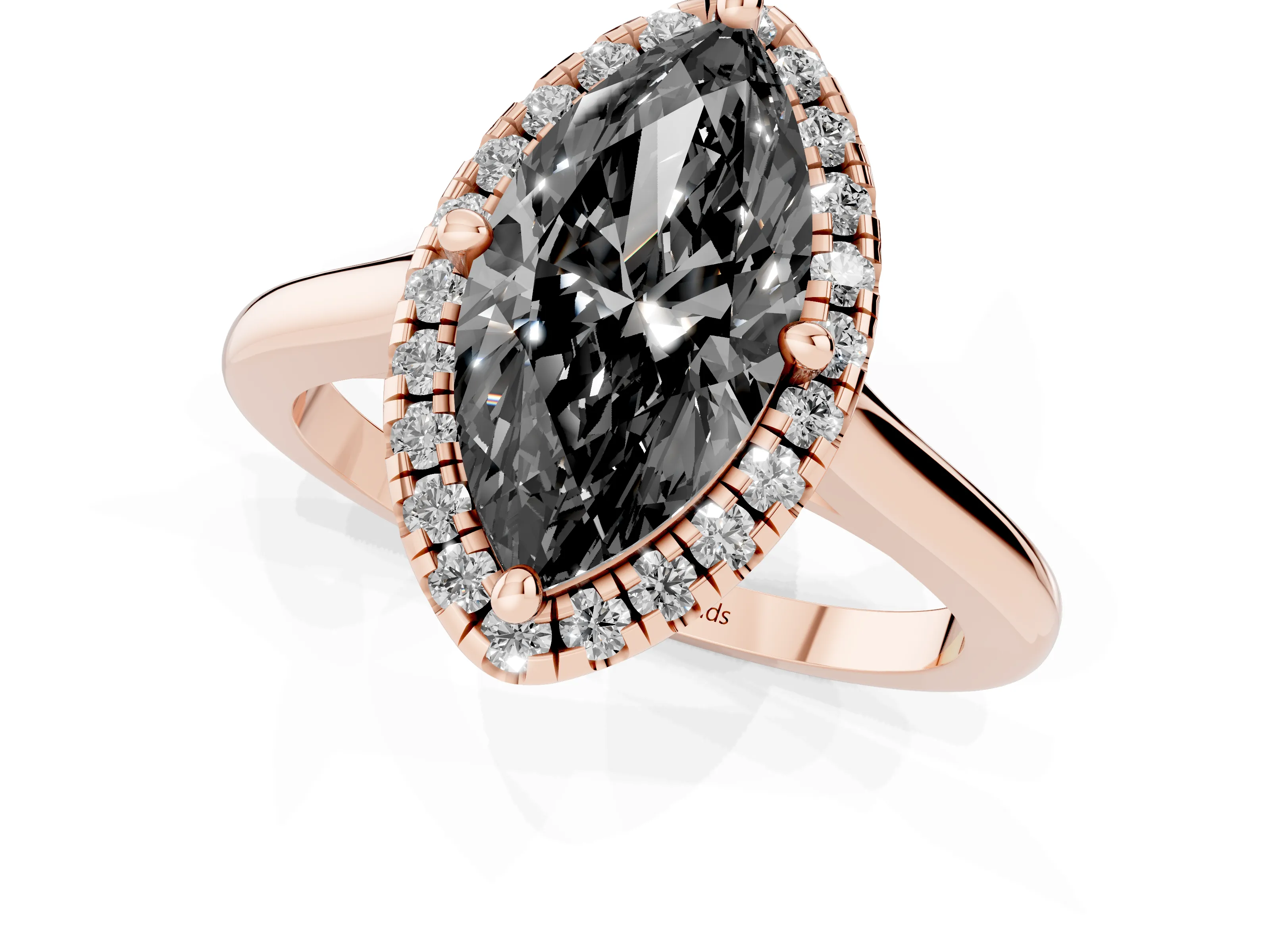 Fancy Black Marquise Cut Diamond Halo Engagement Ring Set in Rose gold with Pavé Band and Rising Shoulders