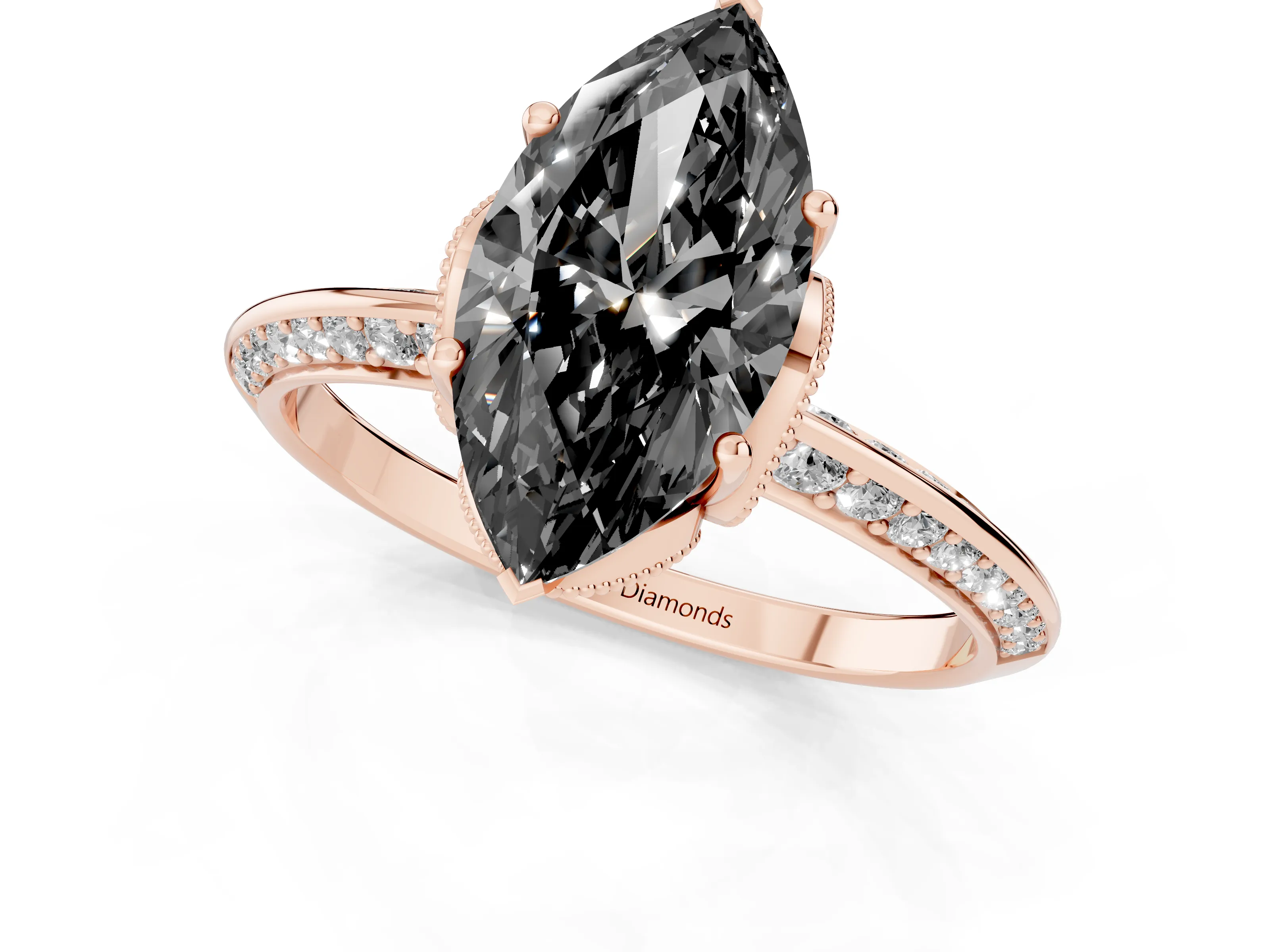 Fancy Black Marquise Cut Diamond Solitaire Engagement Ring Set in Rose gold with Pavé Split Shank and Prong Setting