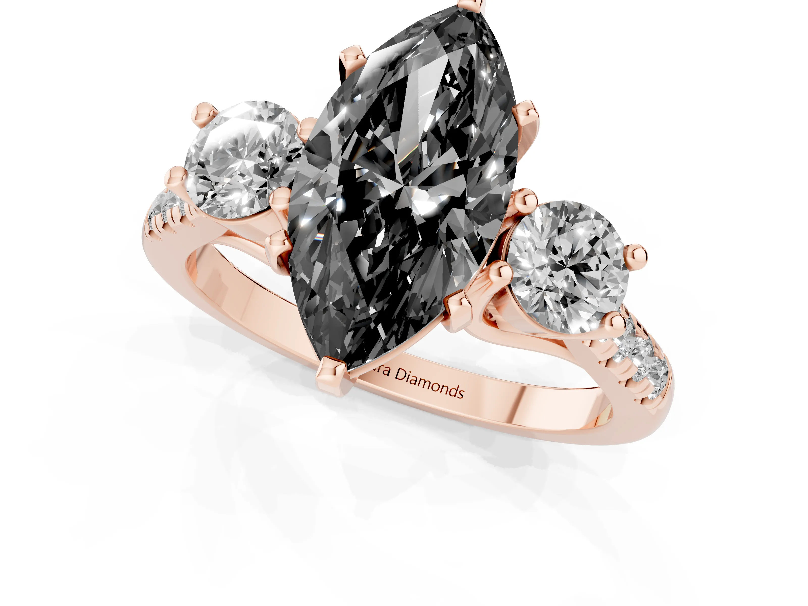 Fancy Black Three-Stone Marquise Cut Diamond Pavé Band Ring Set in Rose gold with Prong-Set Trio