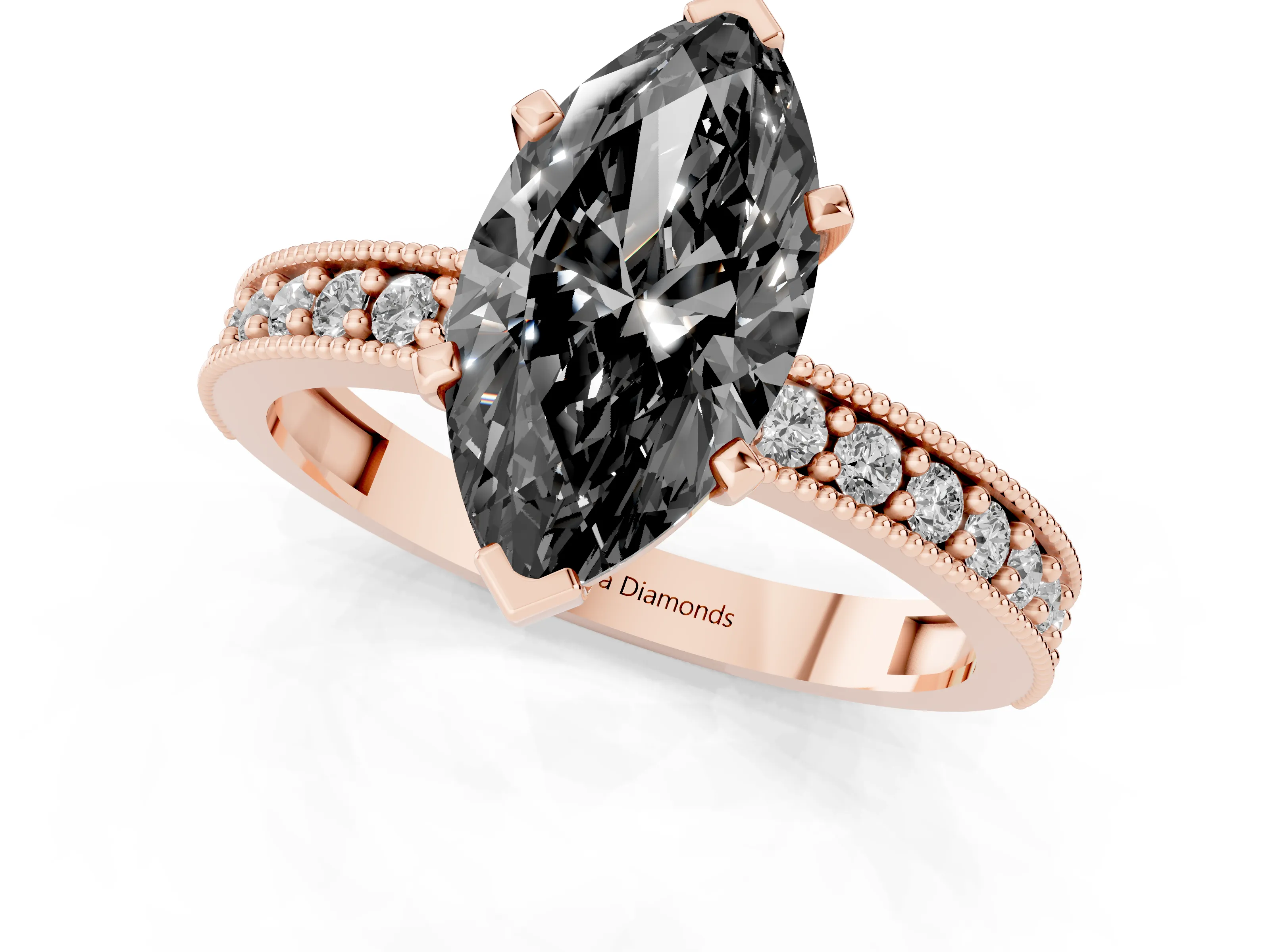 Marquise Vintage Milgrain Pavé Engagement Ring Setting for a Black Center | Solitaire | Rose Gold