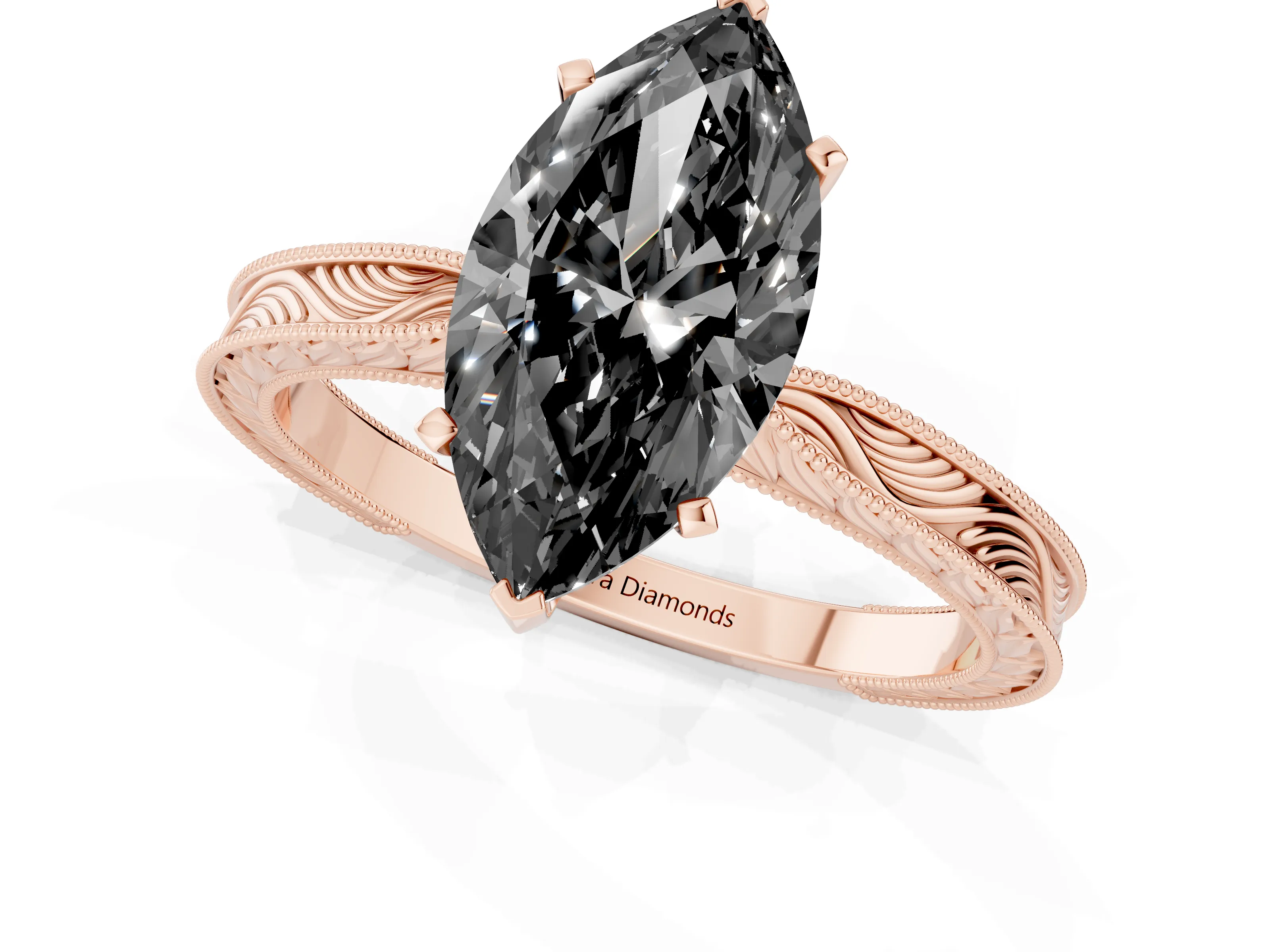 Fancy Black Marquise Cut Diamond Solitaire Milgrain Engraved Band Set in Rose gold with Prong Setting