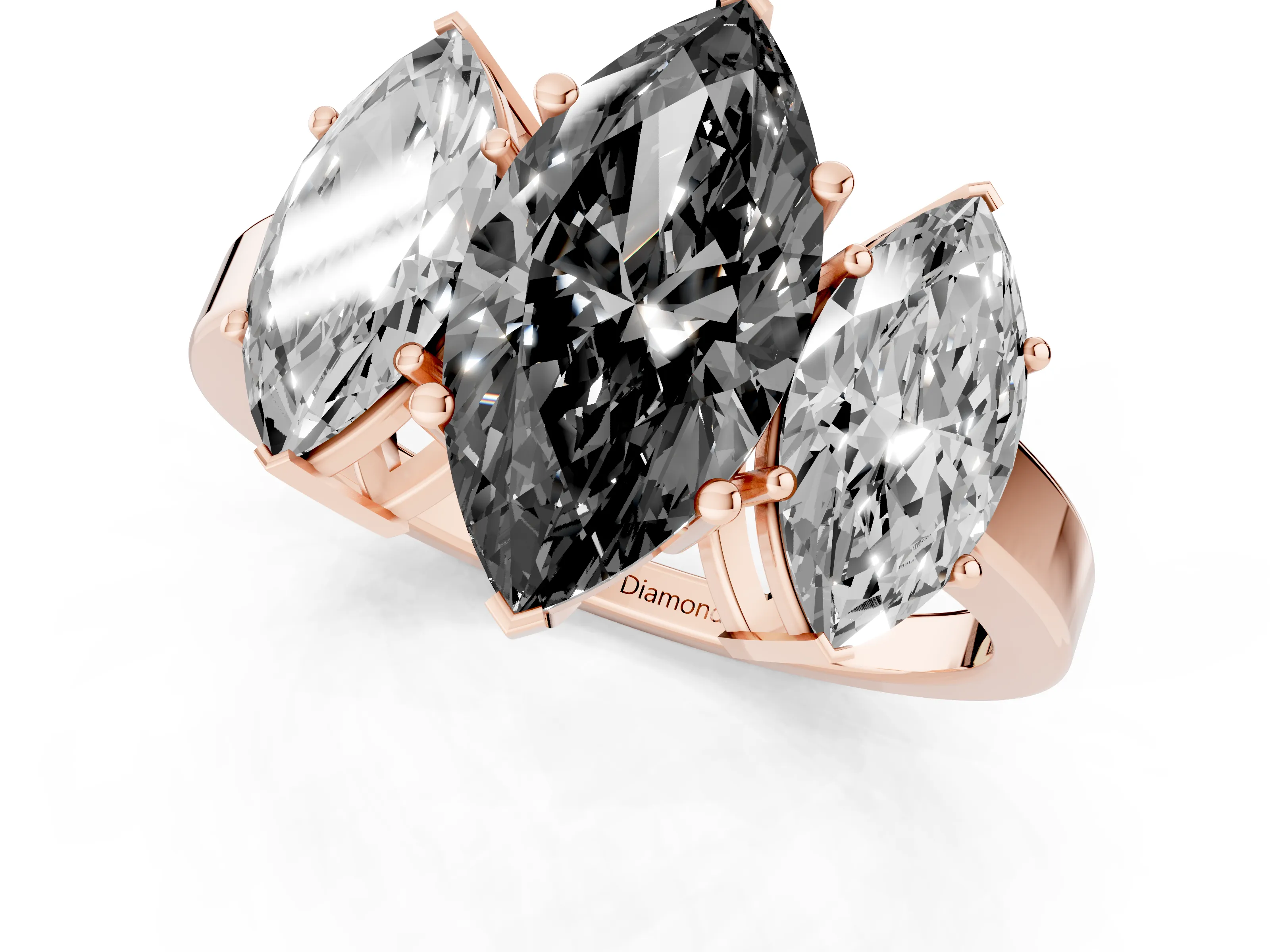 Fancy Black Marquise Cut Diamond Three-Stone Engagement Ring Set in Rose gold with Flat Band