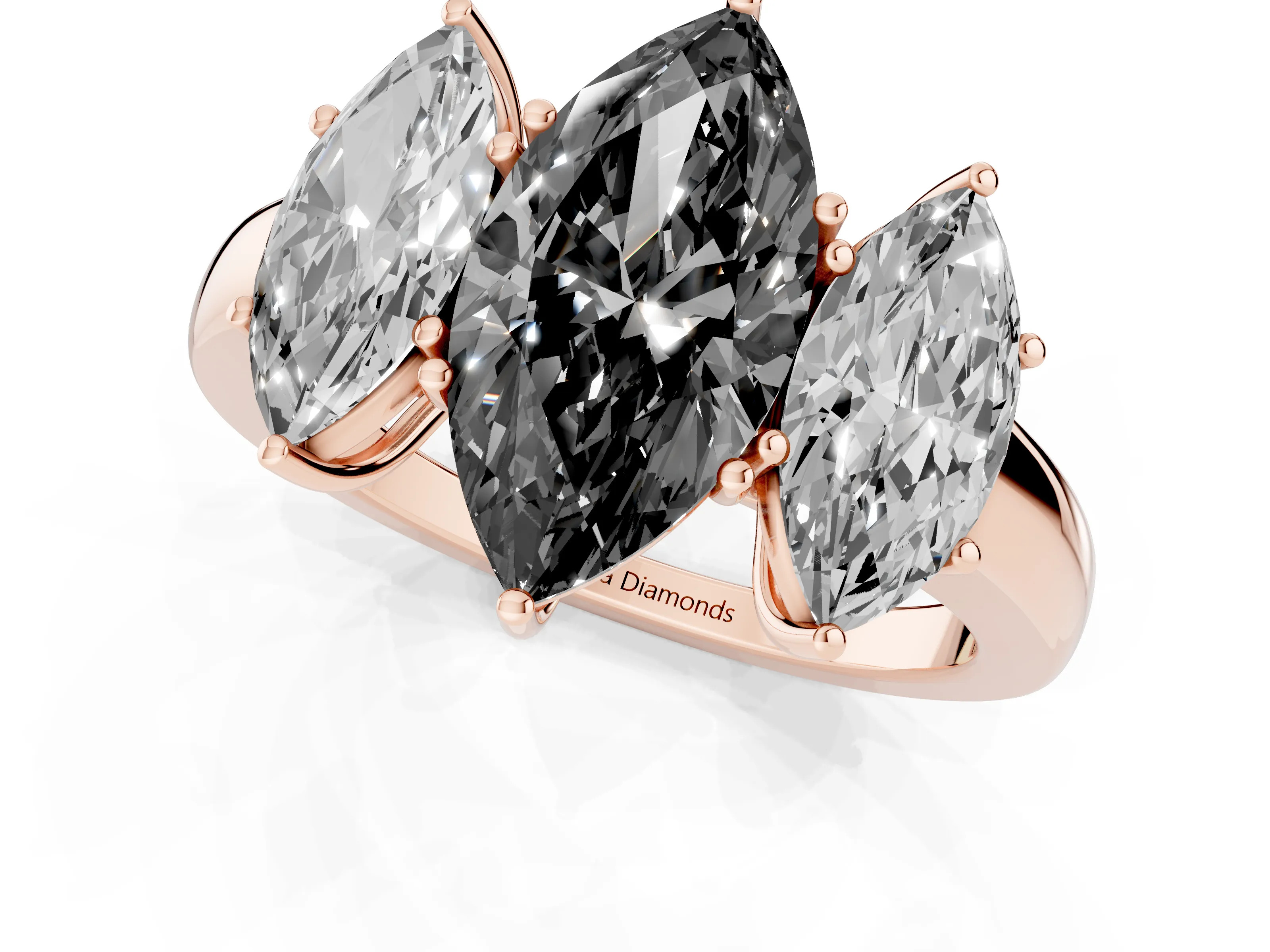Fancy Black Marquise Cut Diamond Three-Stone Ring Set in Rose gold with Bold Center and Classic Band