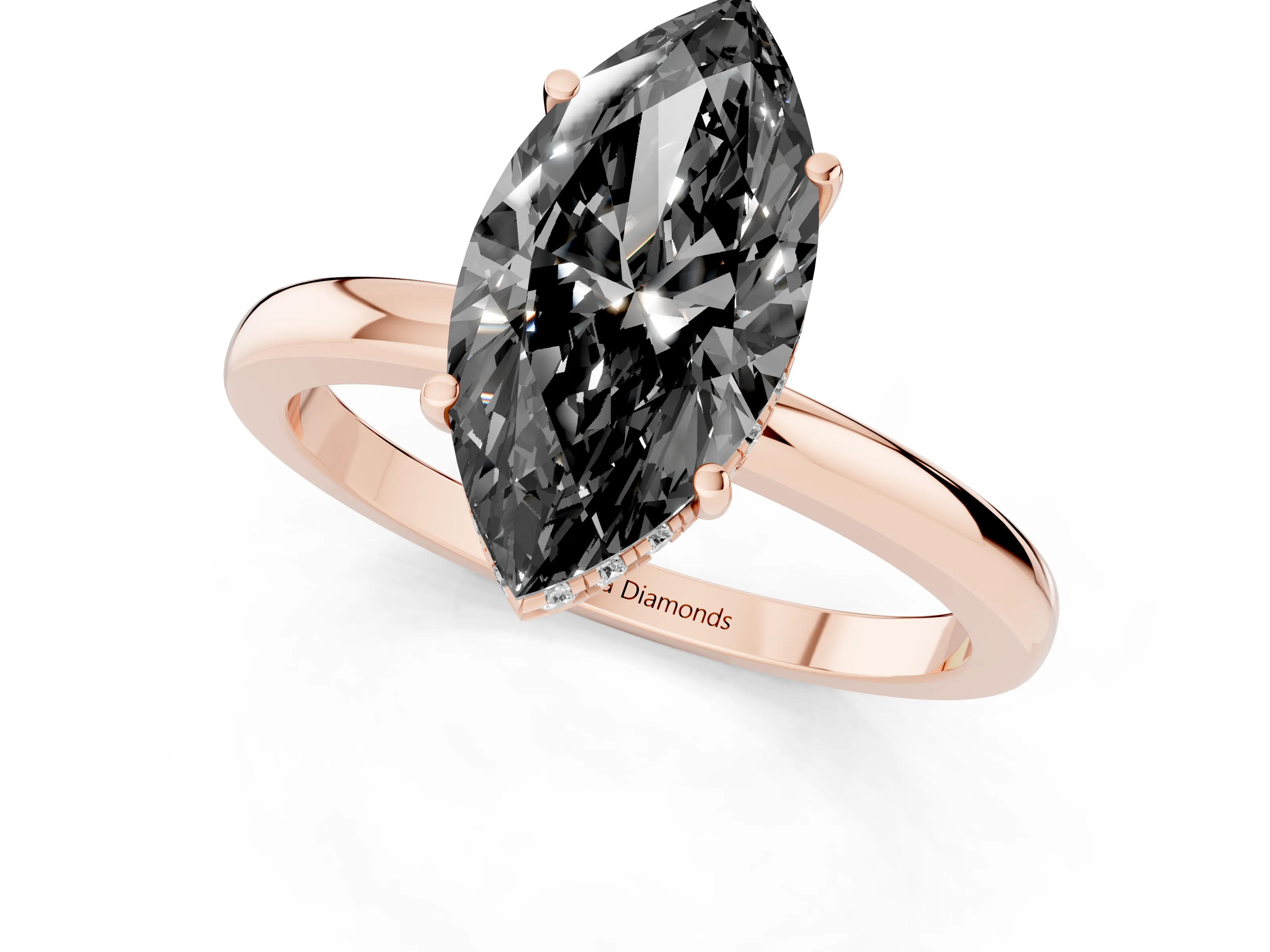 Fancy Black Marquise Cut Diamond Solitaire Ring Set in Rose gold with Plain Band and Prong Setting
