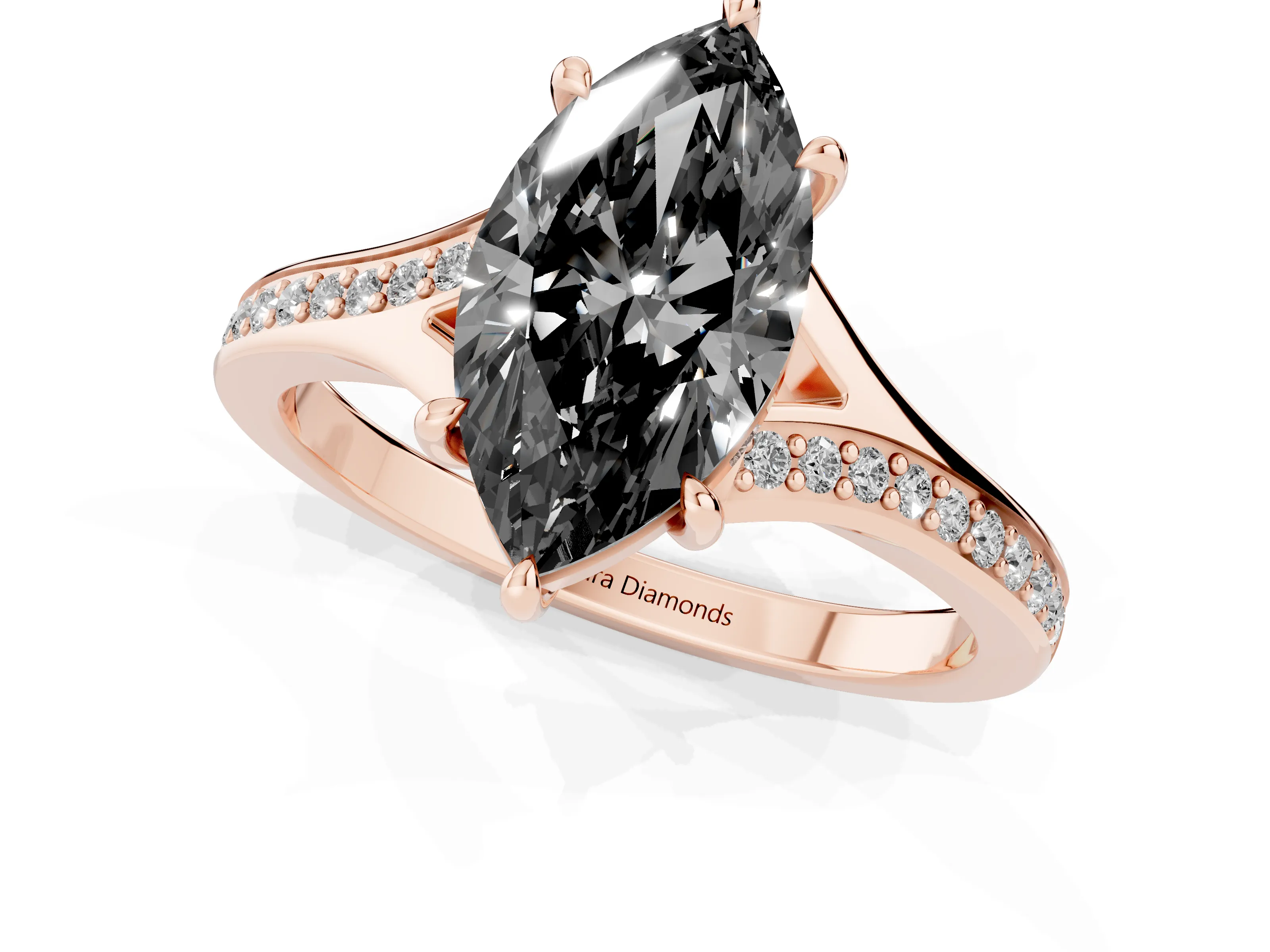 Fancy Black Marquise Cut Diamond Solitaire Ring Set in Rose gold with Pavé Accent Band and Classic Prong Setting