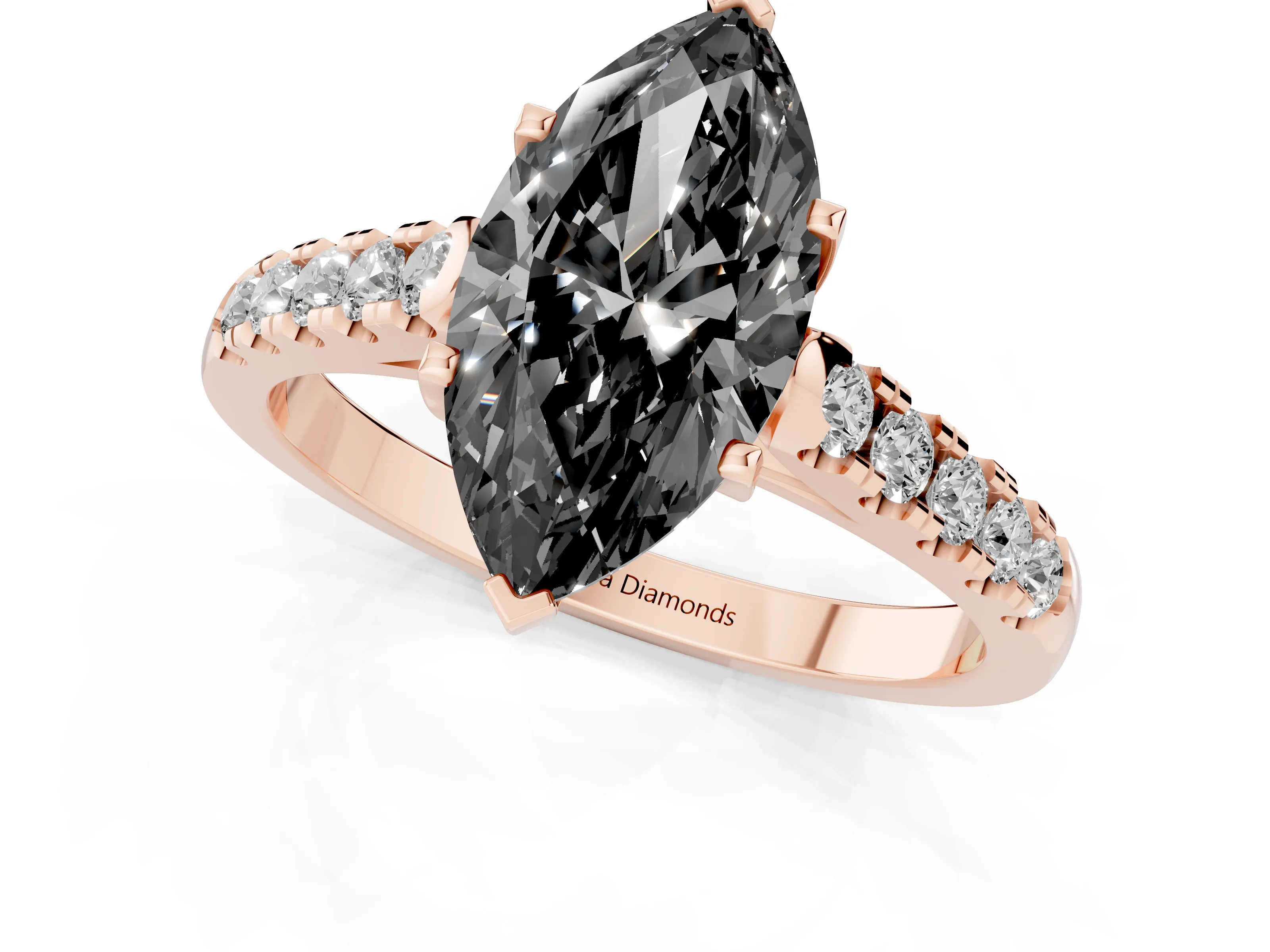 Fancy Black Marquise Cut Diamond Pavé Band Solitaire Ring Set in Rose gold with Partway Accent Stones and Prong Setting