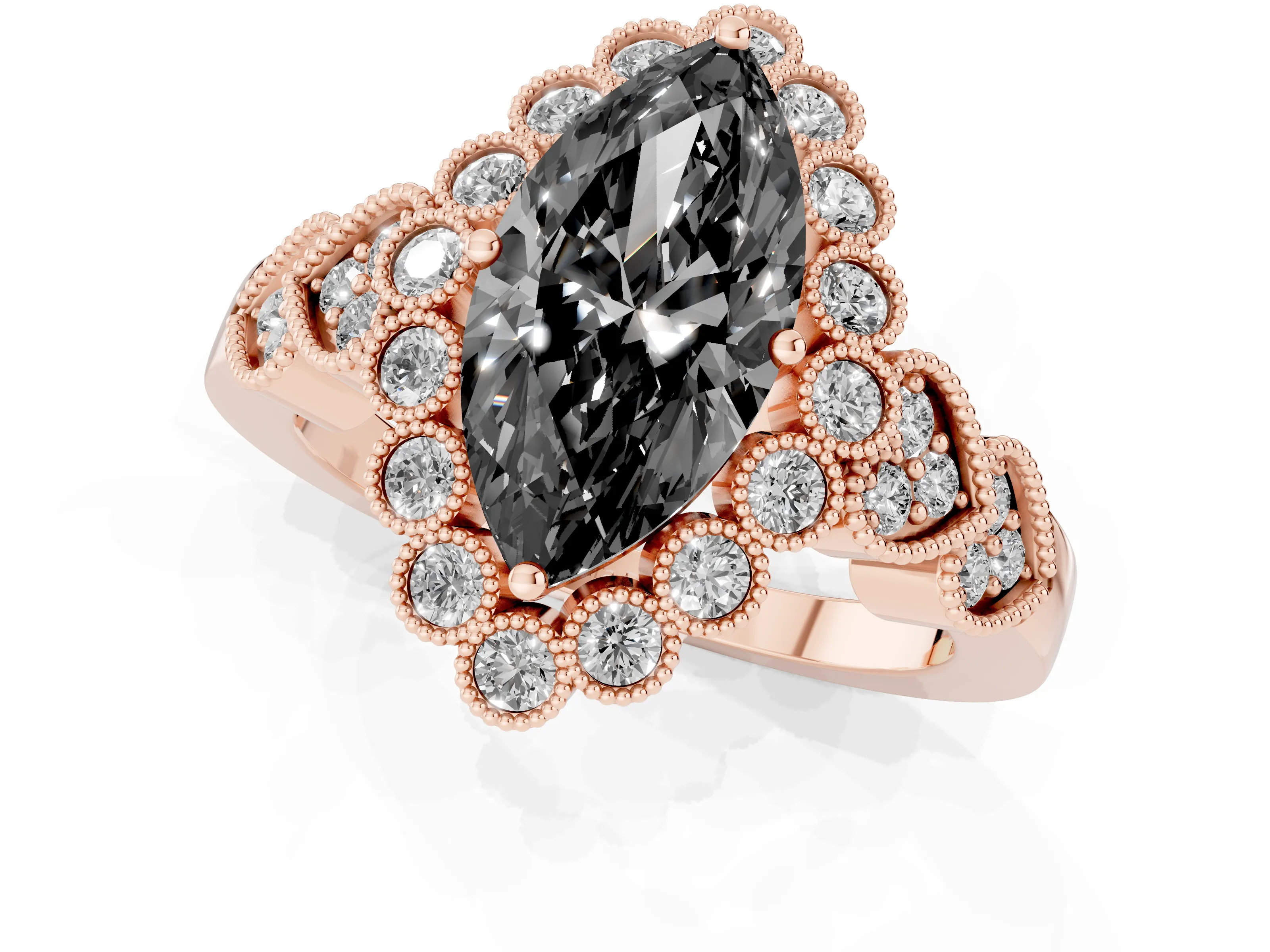 Fancy Black Marquise Cut Diamond Solitaire Ring Set in Rose gold with Milgrain Pavé Heart Band
