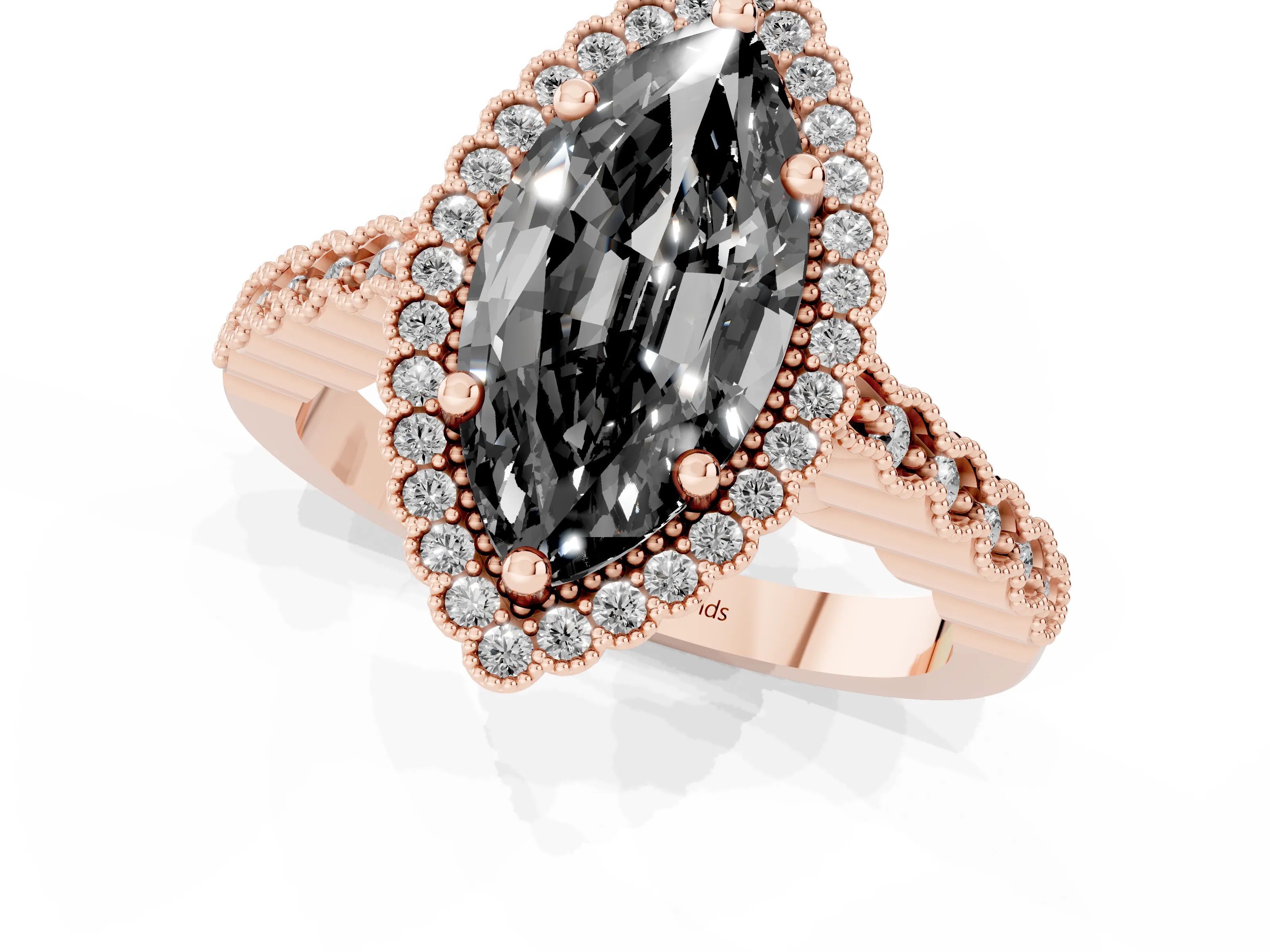 Fancy Black Marquise Cut Diamond Halo Ring Set in Rose gold with Pavé Milgrain Band