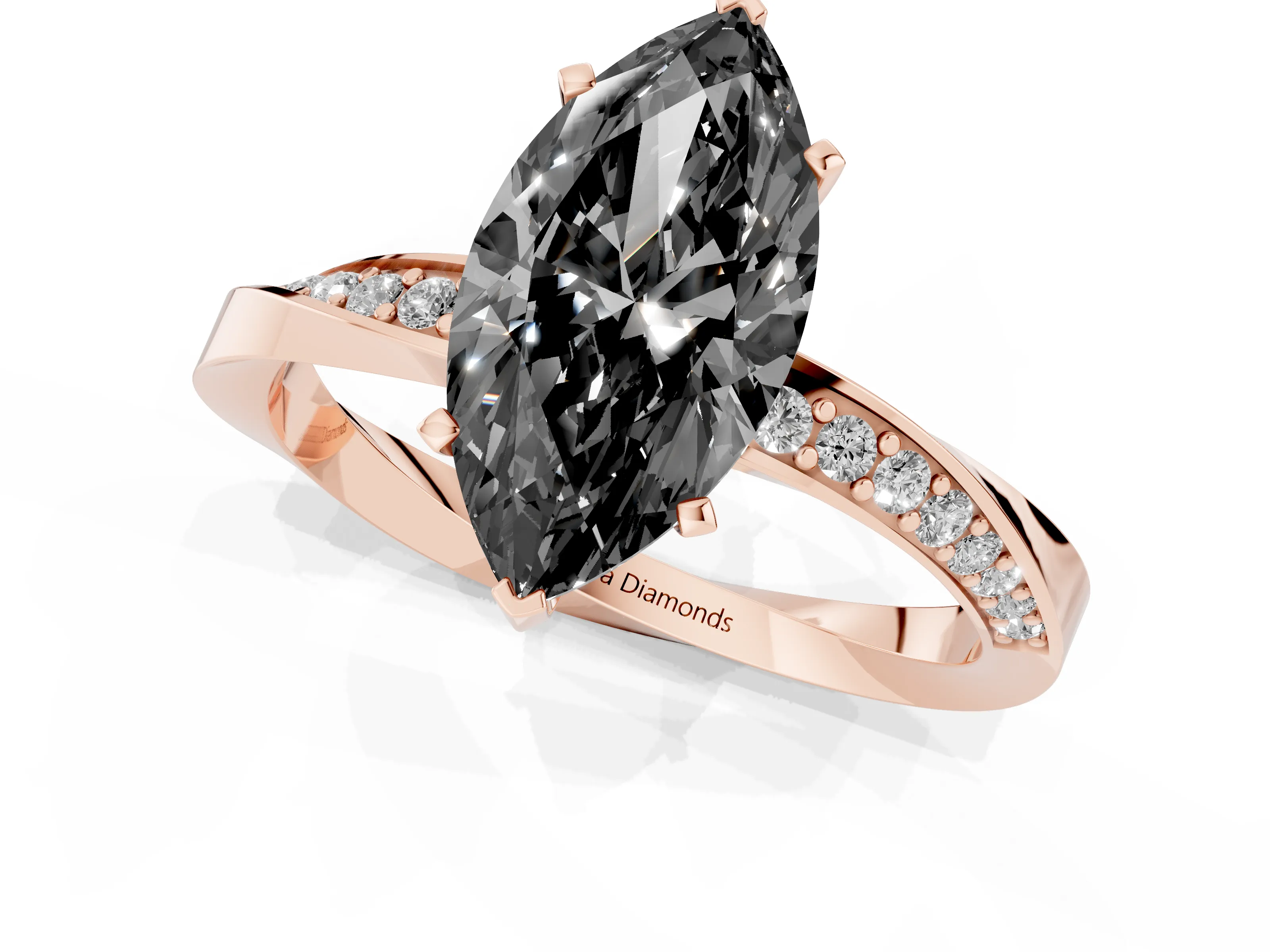 Fancy Black Marquise Cut Diamond Engagement Ring Set in Rose gold with Side Stone Accents and Prong Setting