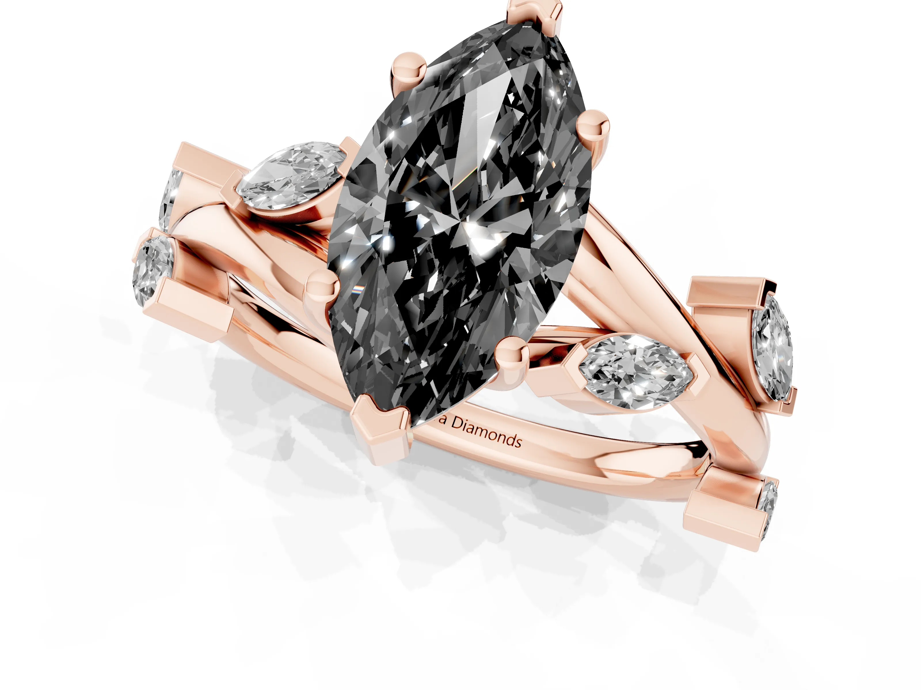 Fancy Black Marquise Cut Diamond Solitaire Ring Set in Rose gold with Twisted Marquise Accent Band