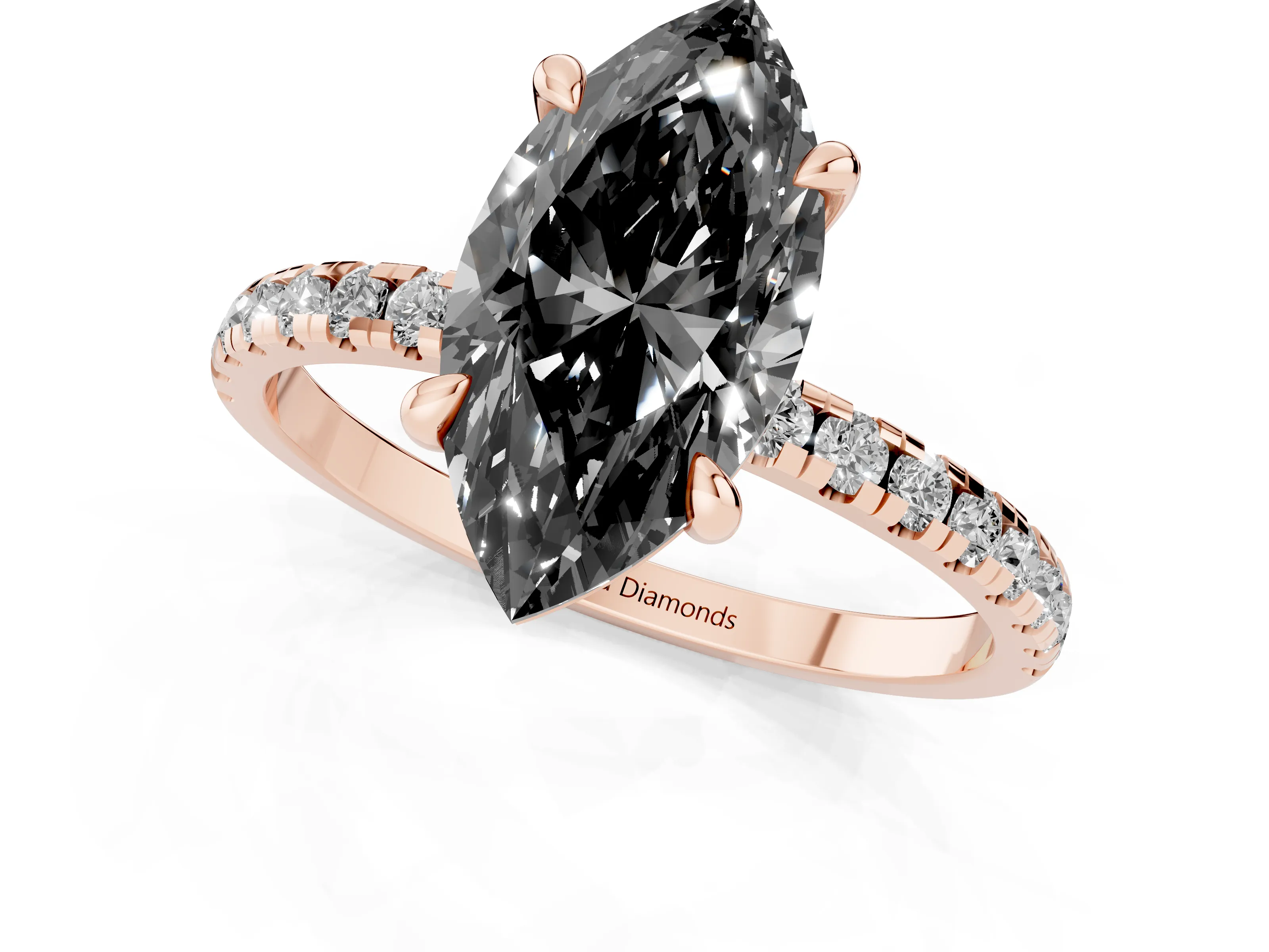 Fancy Black Marquise Cut Diamond Brilliant Solitaire Ring Set in Rose gold with Pavé Band and Prong Setting
