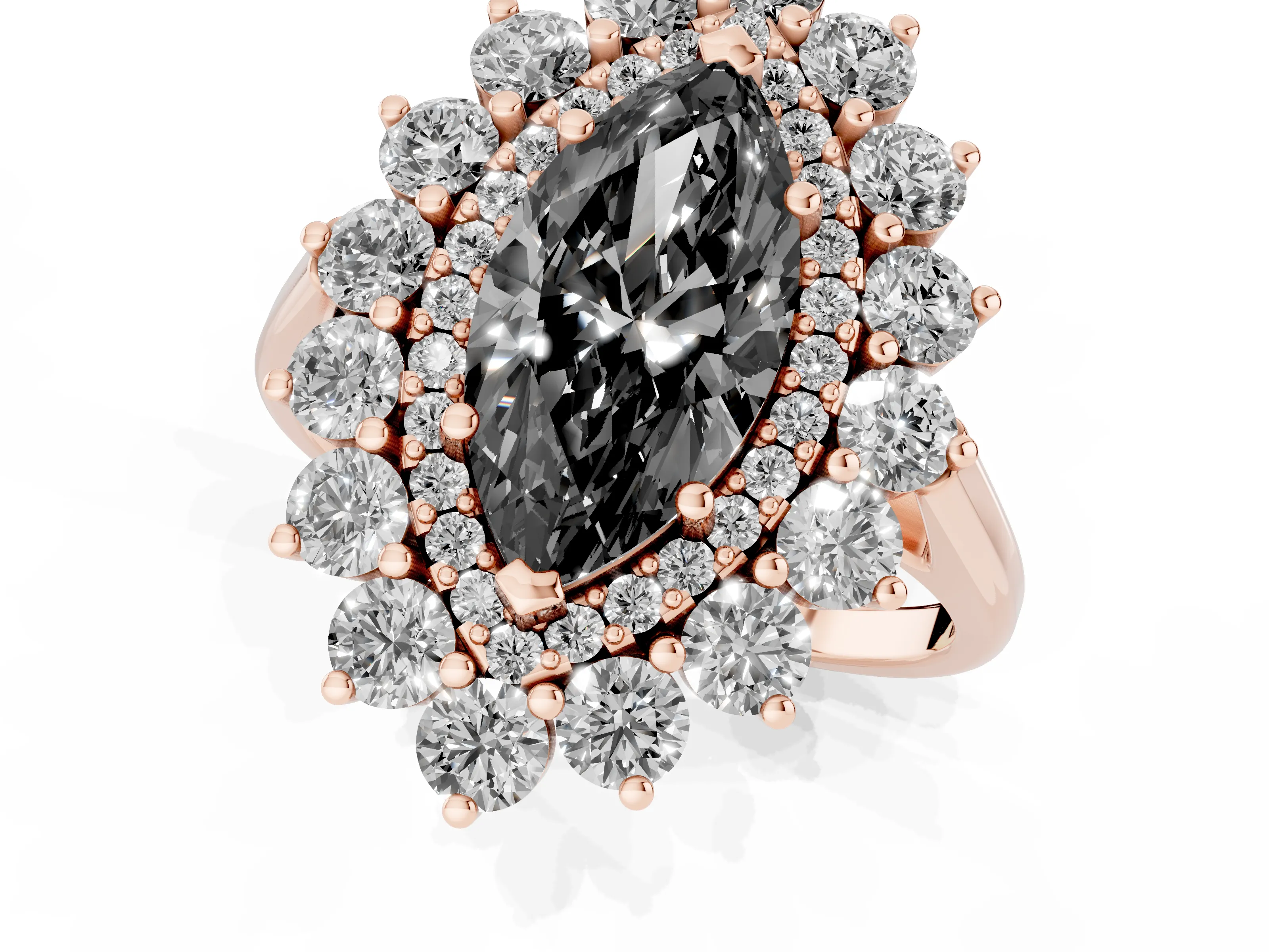 Fancy Black Marquise Cut Diamond Floral Double Halo Ring Set in Rose gold with Round Petals