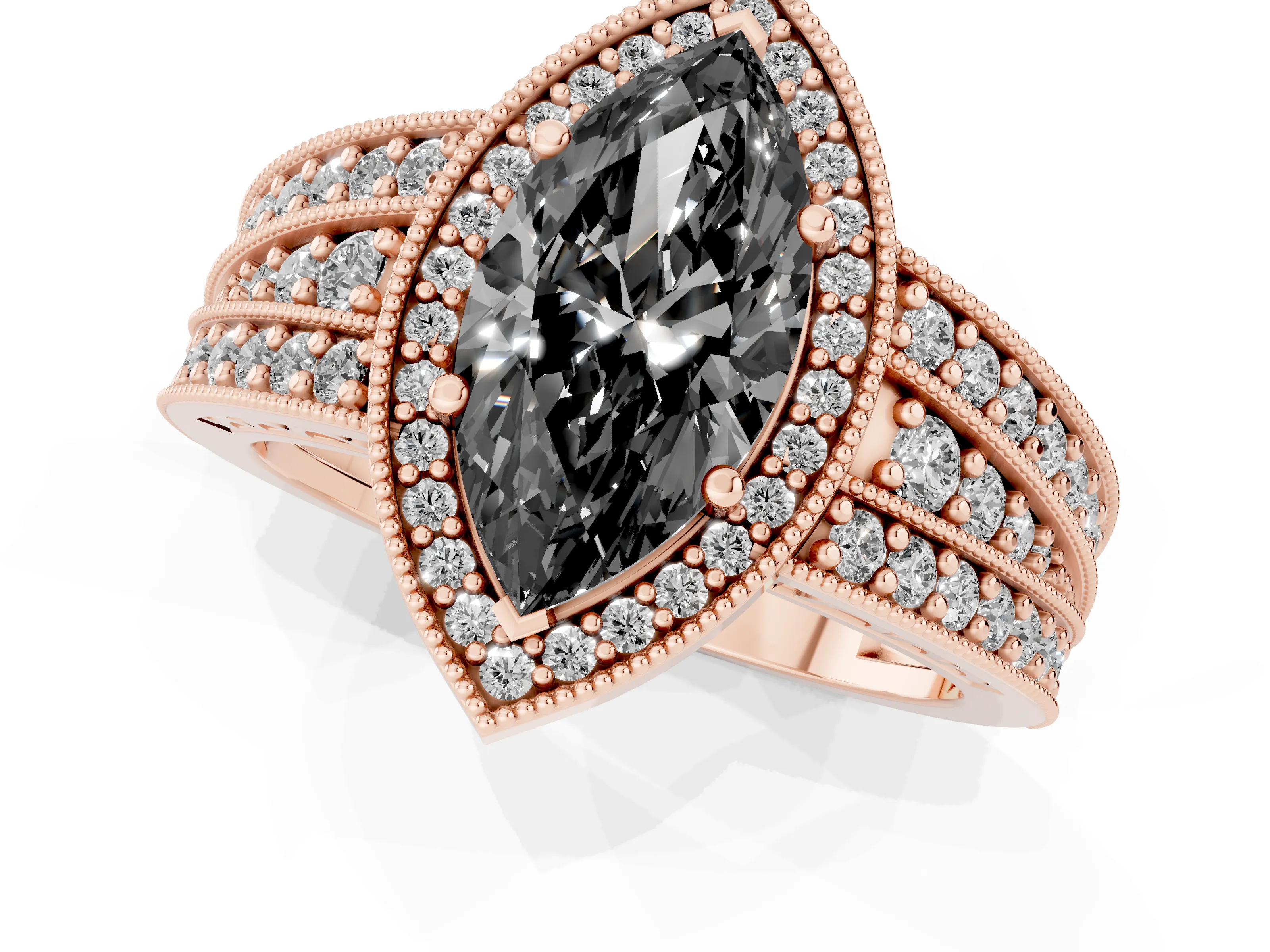 Fancy Black Marquise Cut Diamond Halo Ring Set in Rose gold with Accent Split Shank and Prong Setting