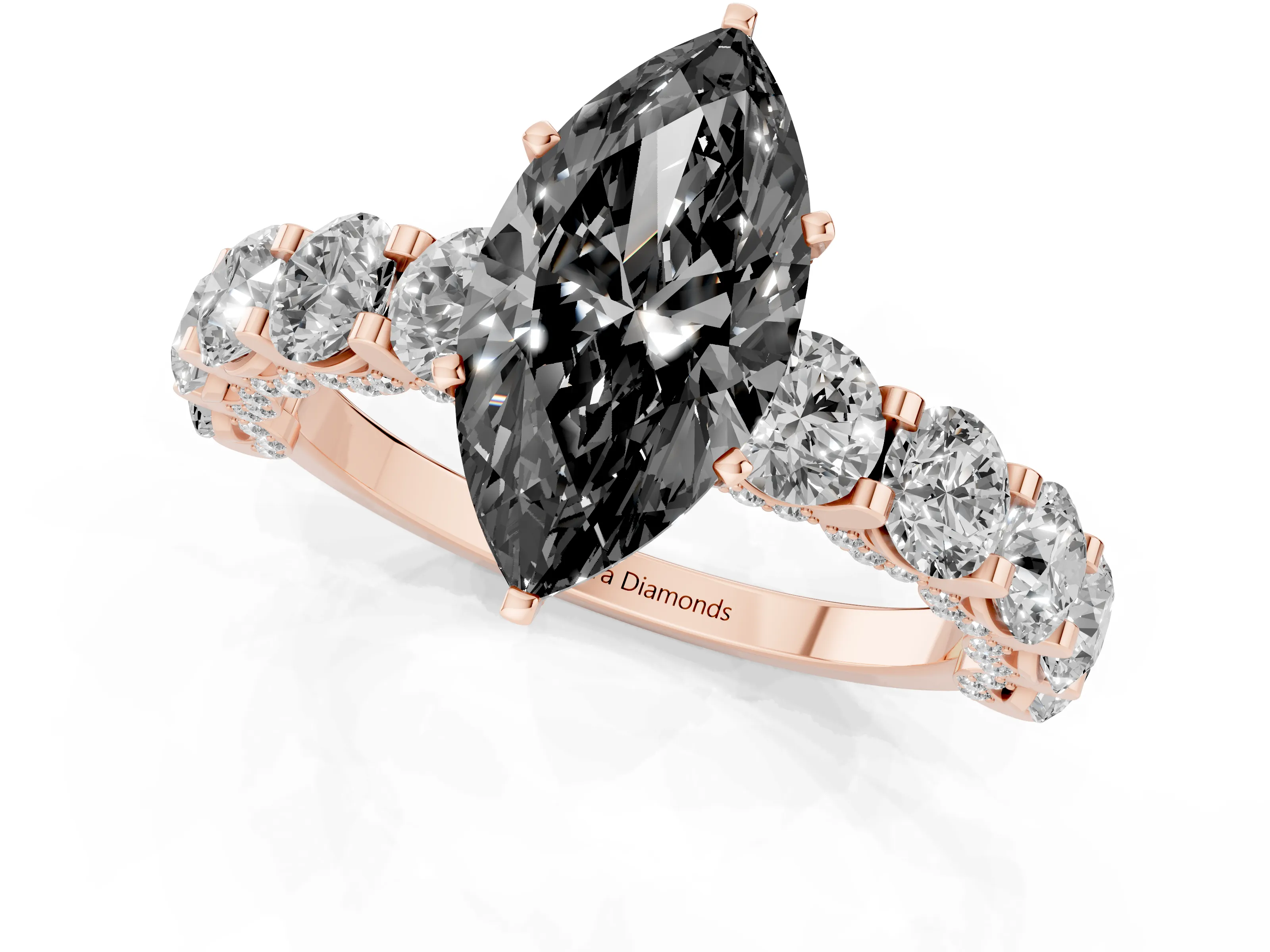Fancy Black Marquise Cut Diamond Side Stone Ring Set in Rose gold with Alternating Round and Oval Side Stones