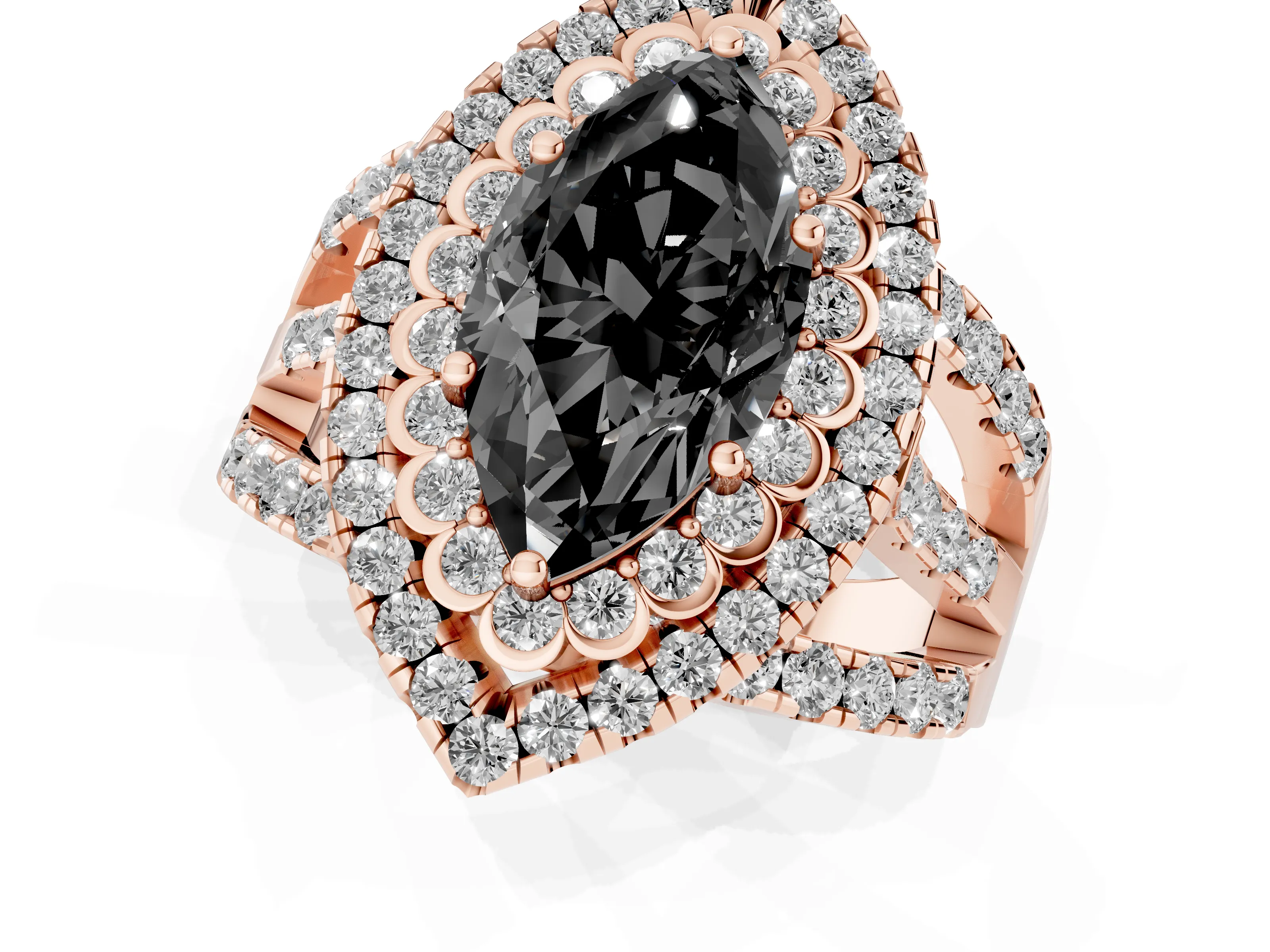 Fancy Black Marquise Cut Diamond Double Halo Ring Set in Rose gold with Round Pavé Split Shank