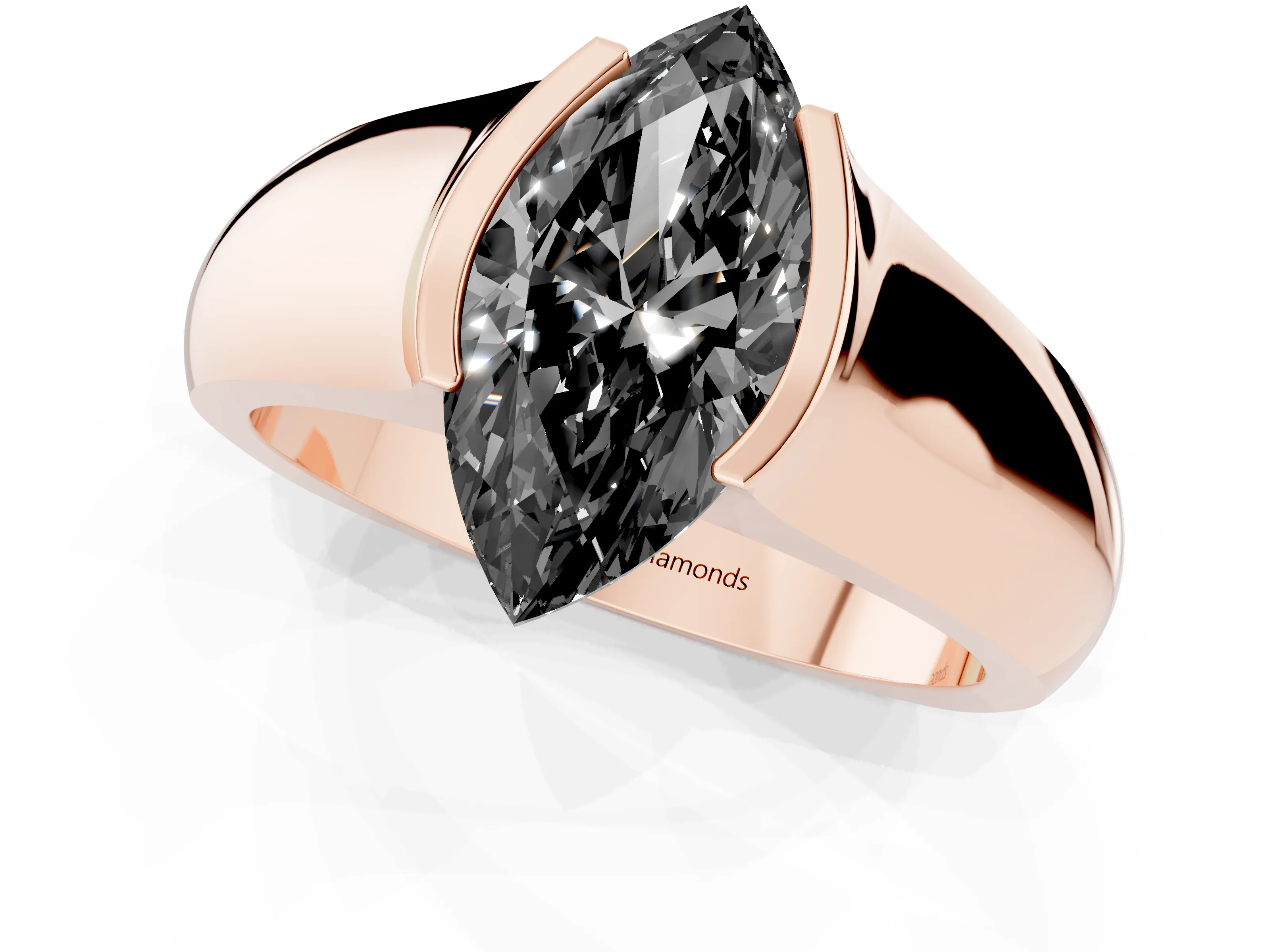 Fancy Black Marquise Cut Diamond Bezel Solitaire Ring Set in Rose gold with Wide Band