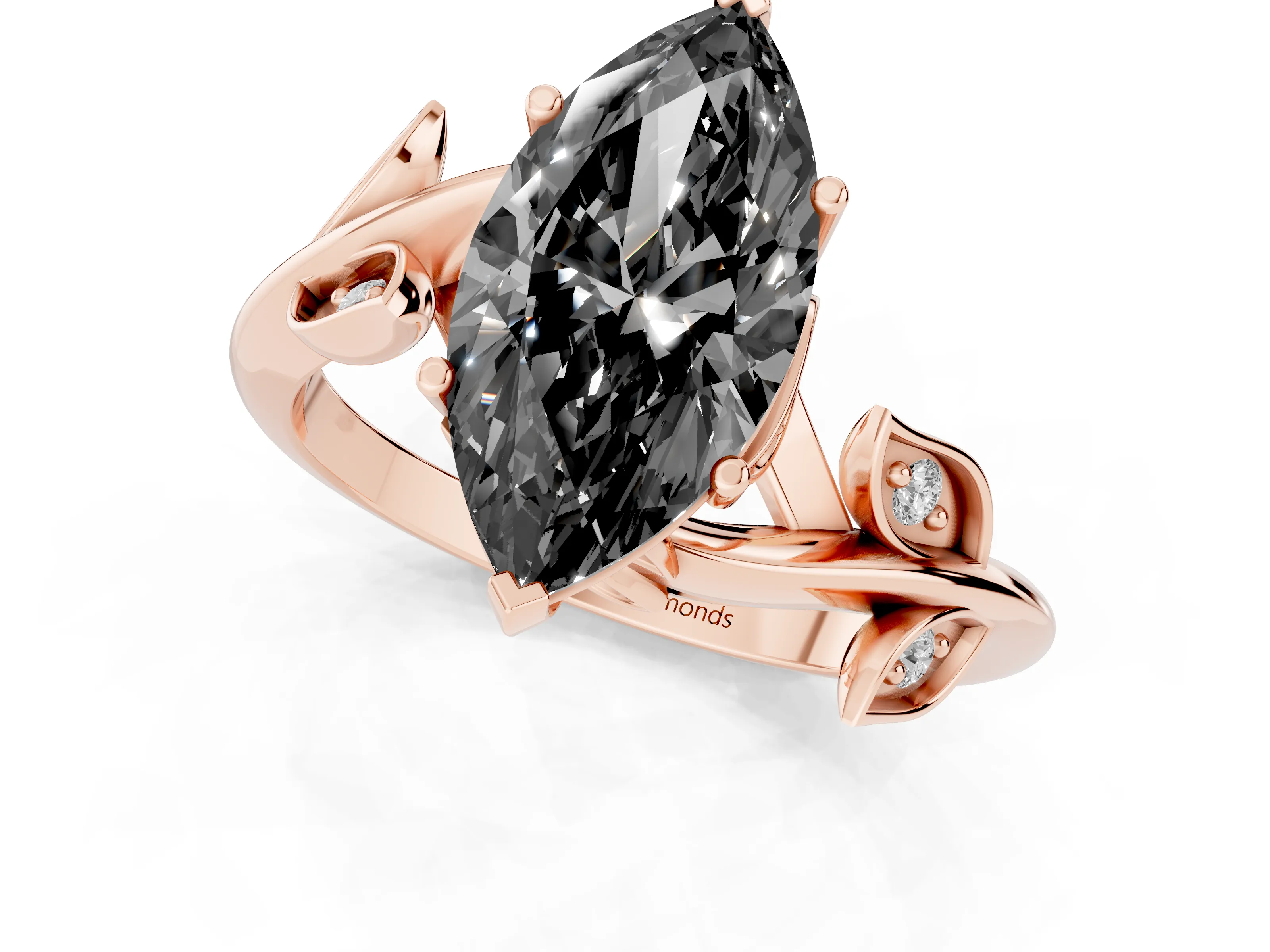 Fancy Black Marquise Cut Diamond Solitaire Twist Engagement Ring Set in Rose gold with Pavé Leaf Accents