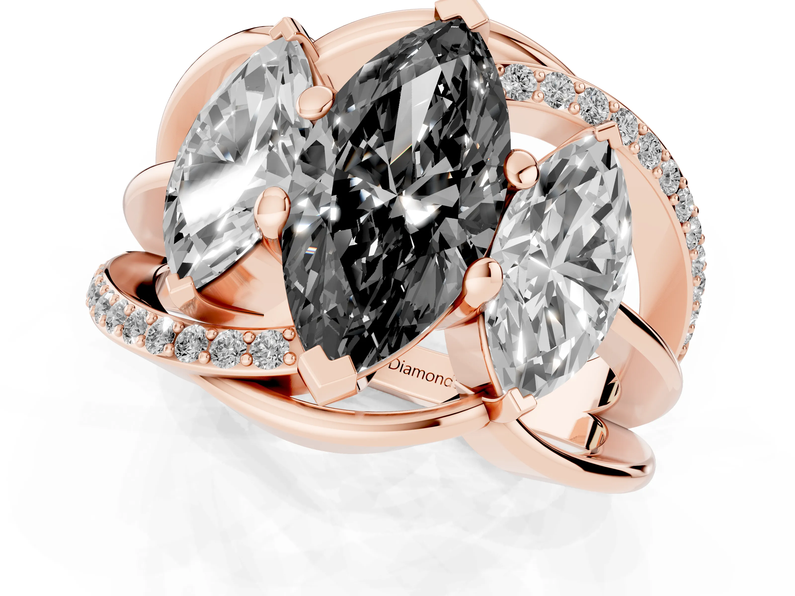 Fancy Black Marquise Cut Diamond Three-Stone Ring Set in Rose gold with Split Shank and Prong Setting