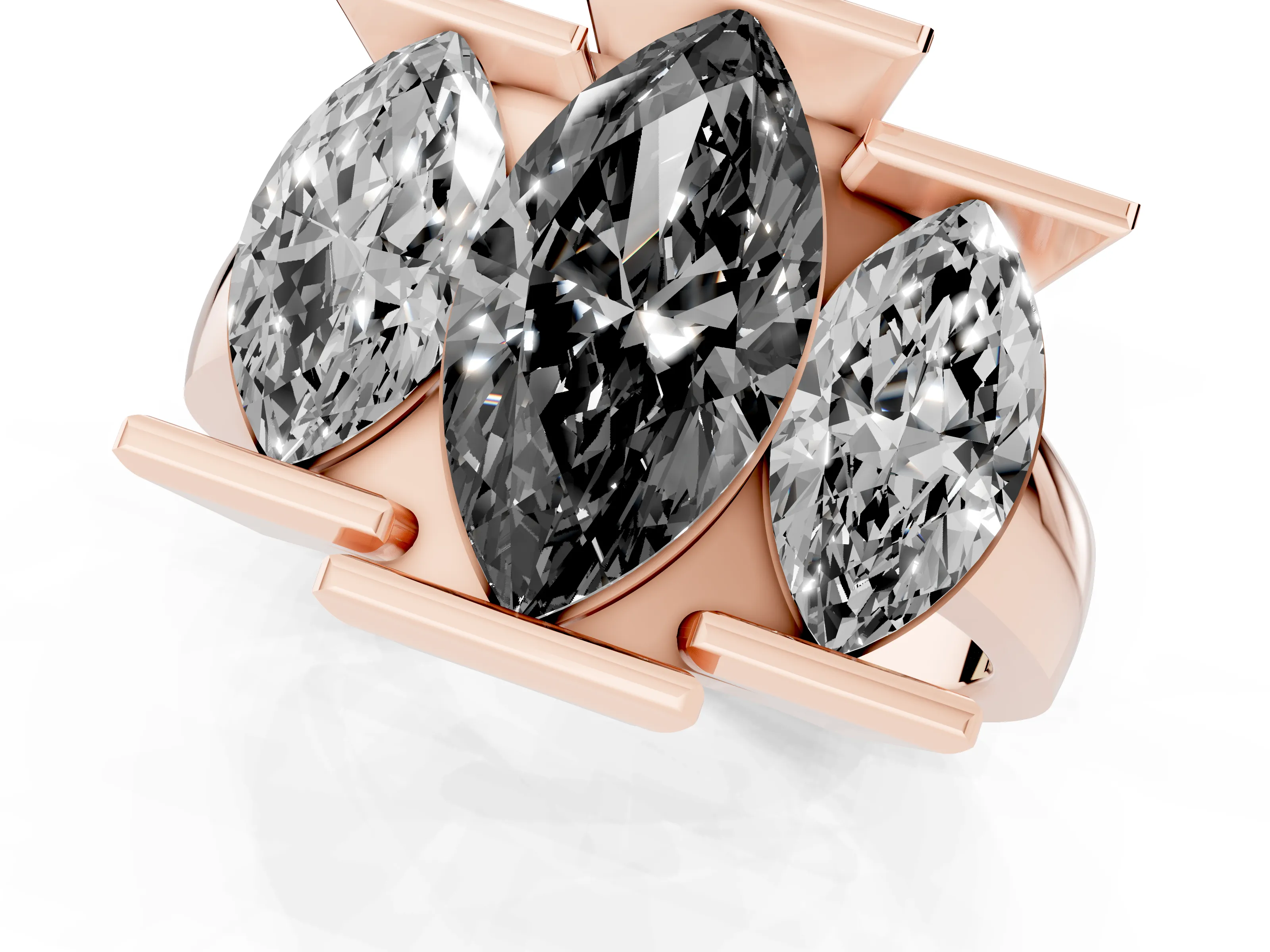 Fancy Black Marquise Cut Diamond Three-Stone Channel Set Ring Set in Rose gold with Smooth Polished Band