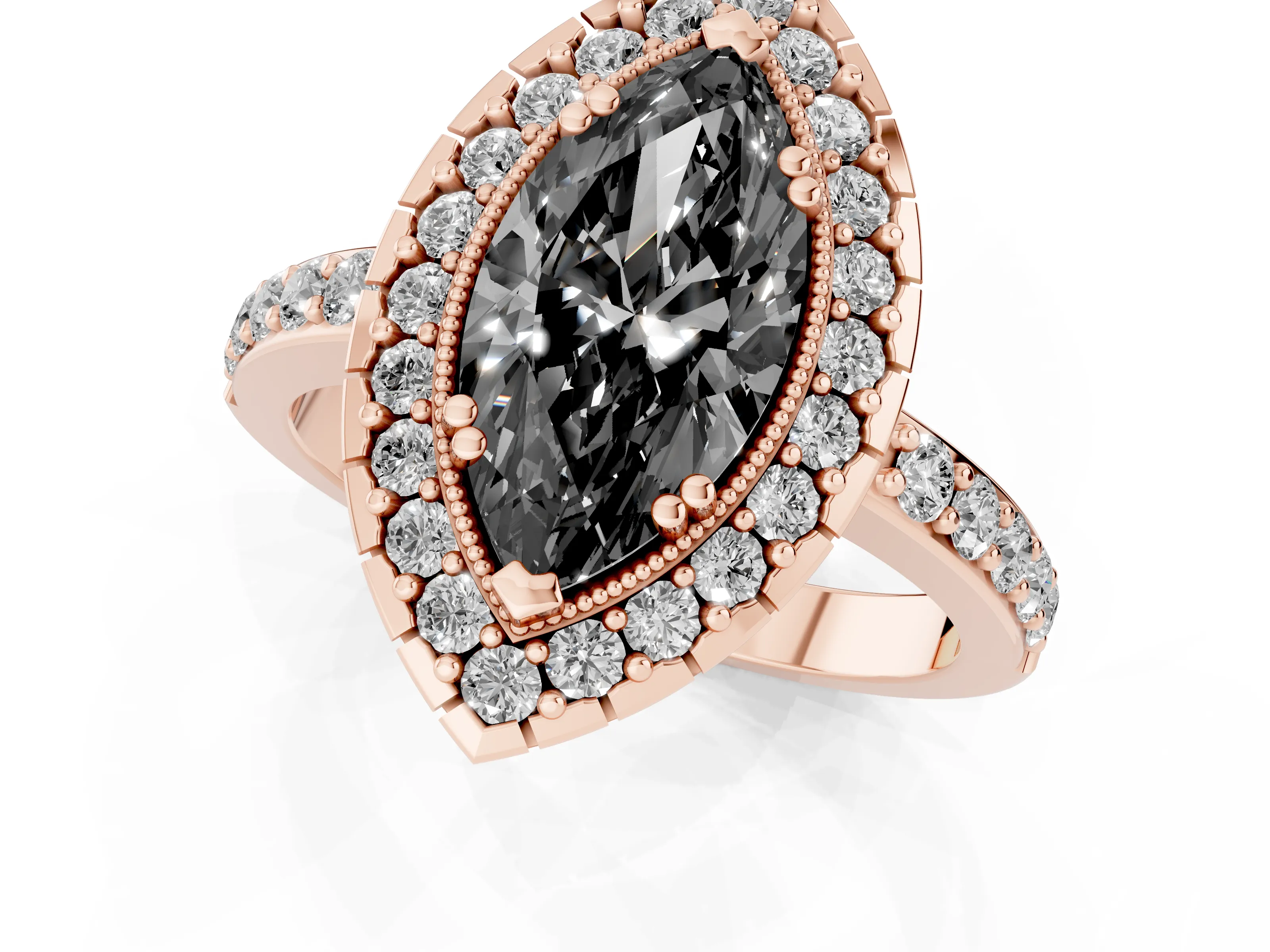 Fancy Black Marquise Cut Diamond Halo Ring Set in Rose gold with Pavé Shank and Prong Setting