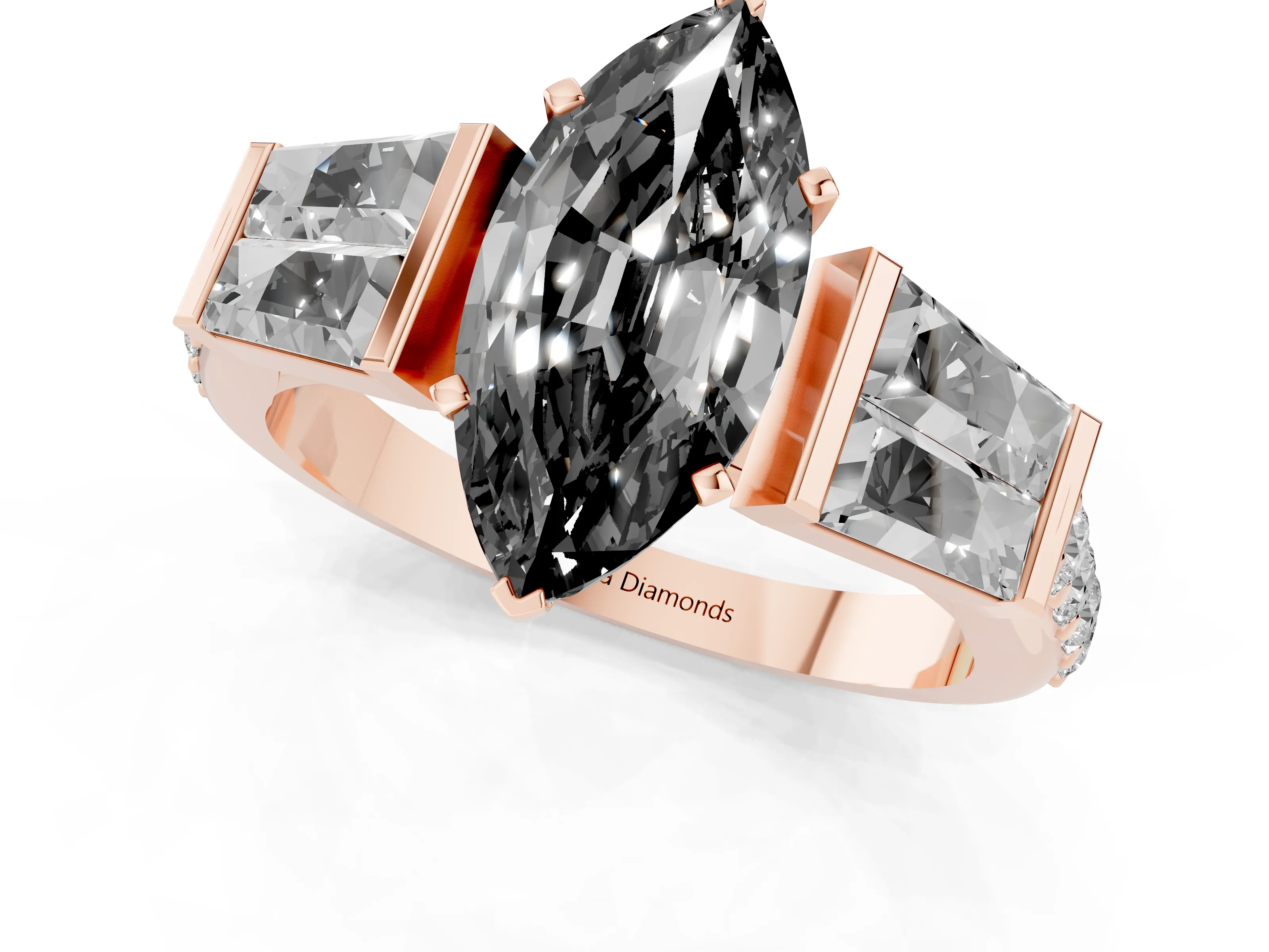 Fancy Black Marquise Cut Diamond Engagement Ring Set in Rose gold with Baguette Side Stones and Channel Set Band