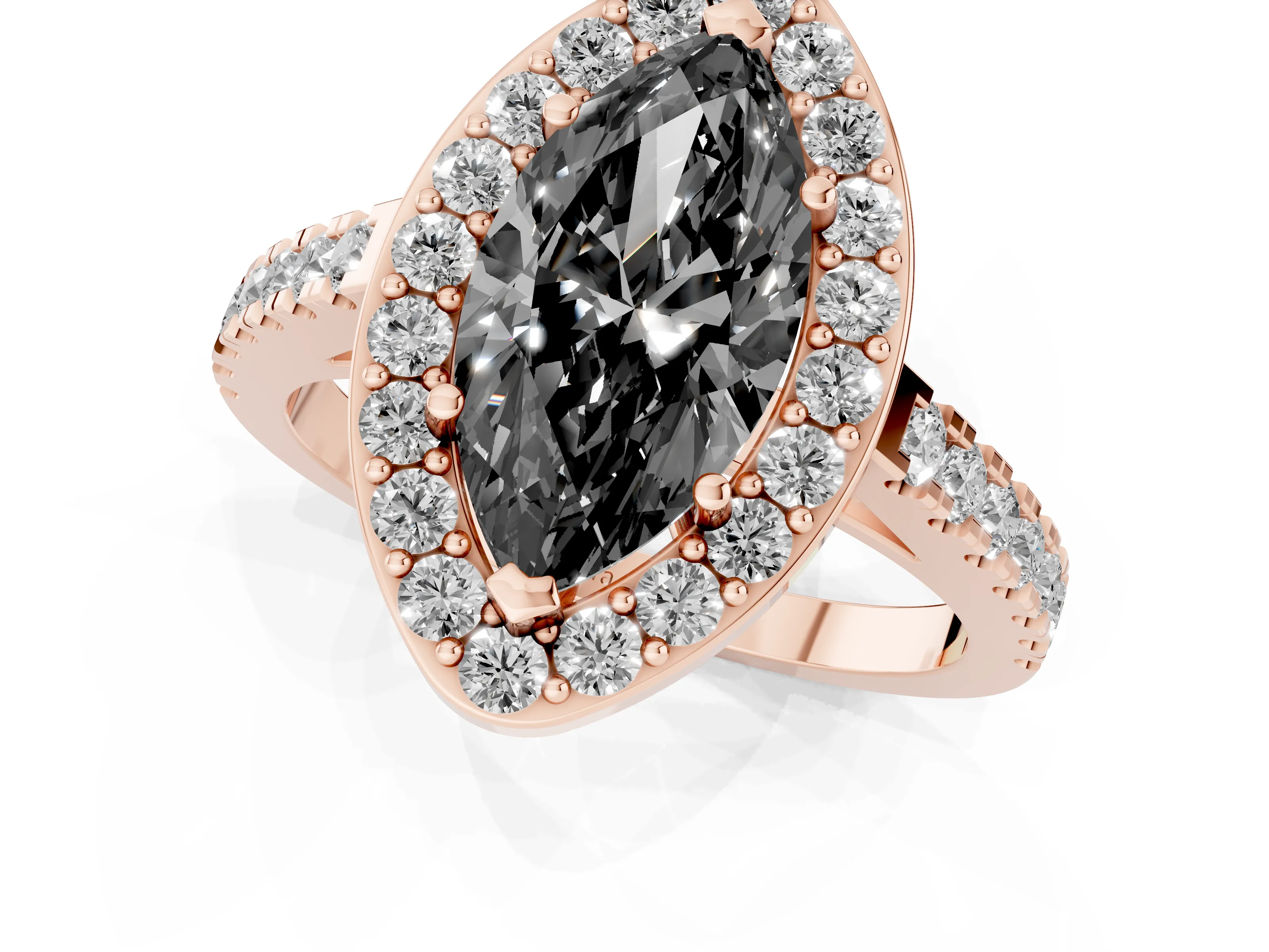 Fancy Black Marquise Cut Diamond Halo Ring Set in Rose gold with Round Pavé Split Shank and Prong Setting