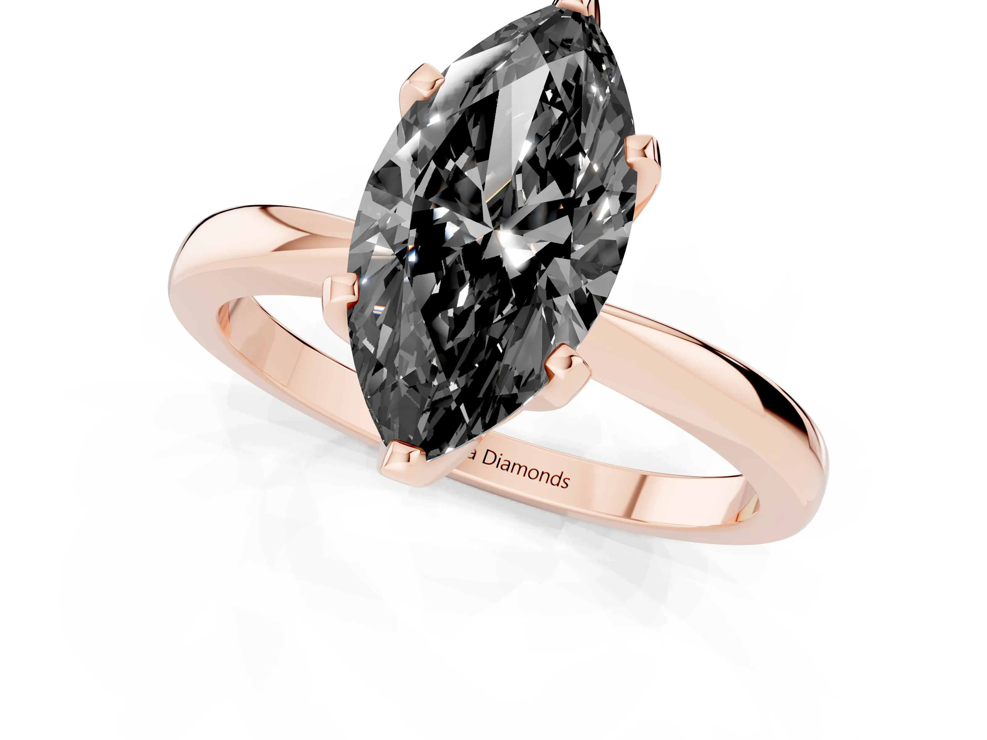 Fancy Black Marquise Cut Diamond Solitaire Engagement Ring Set in Rose gold with Slim Tapered Solitaire Band