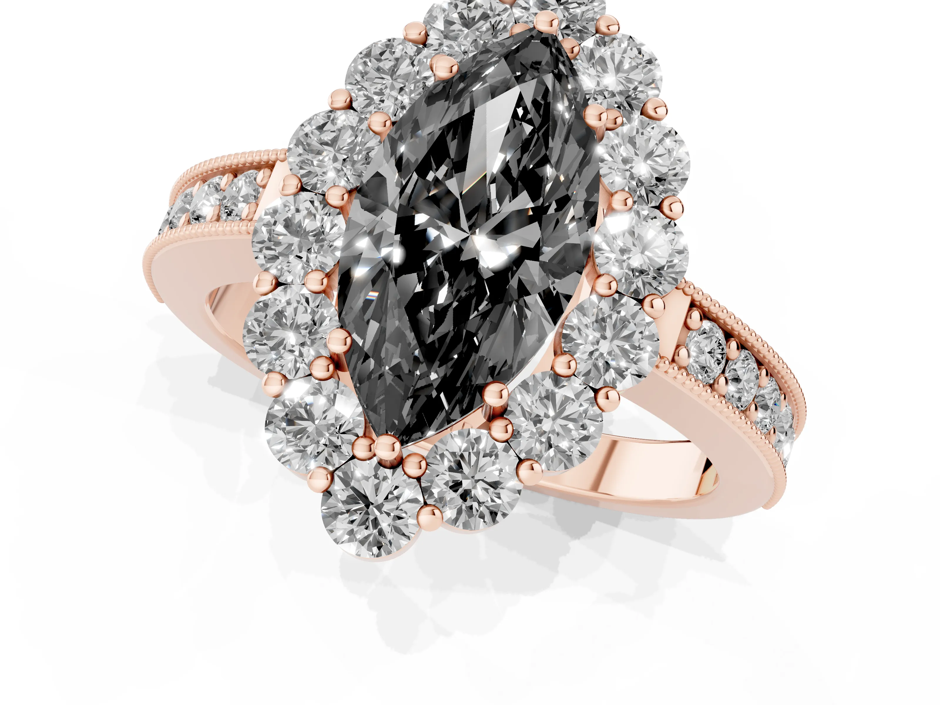 Fancy Black Marquise Cut Diamond Halo Pavé Engagement Ring Set in Rose gold with Milgrain Detailing