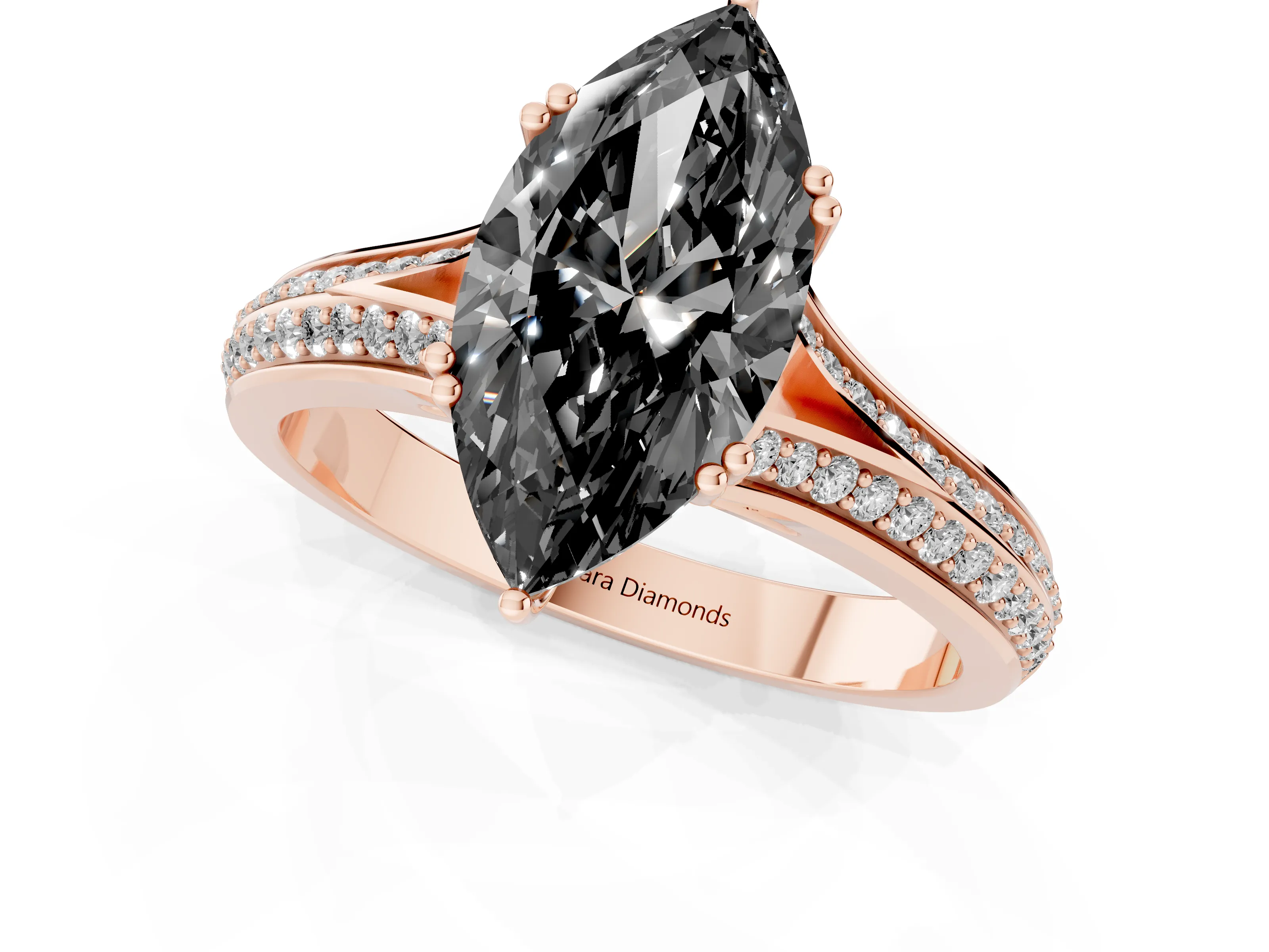 Fancy Black Marquise Cut Diamond Split Shank Pavé Engagement Ring Set in Rose gold with Prong-Set Center Stone