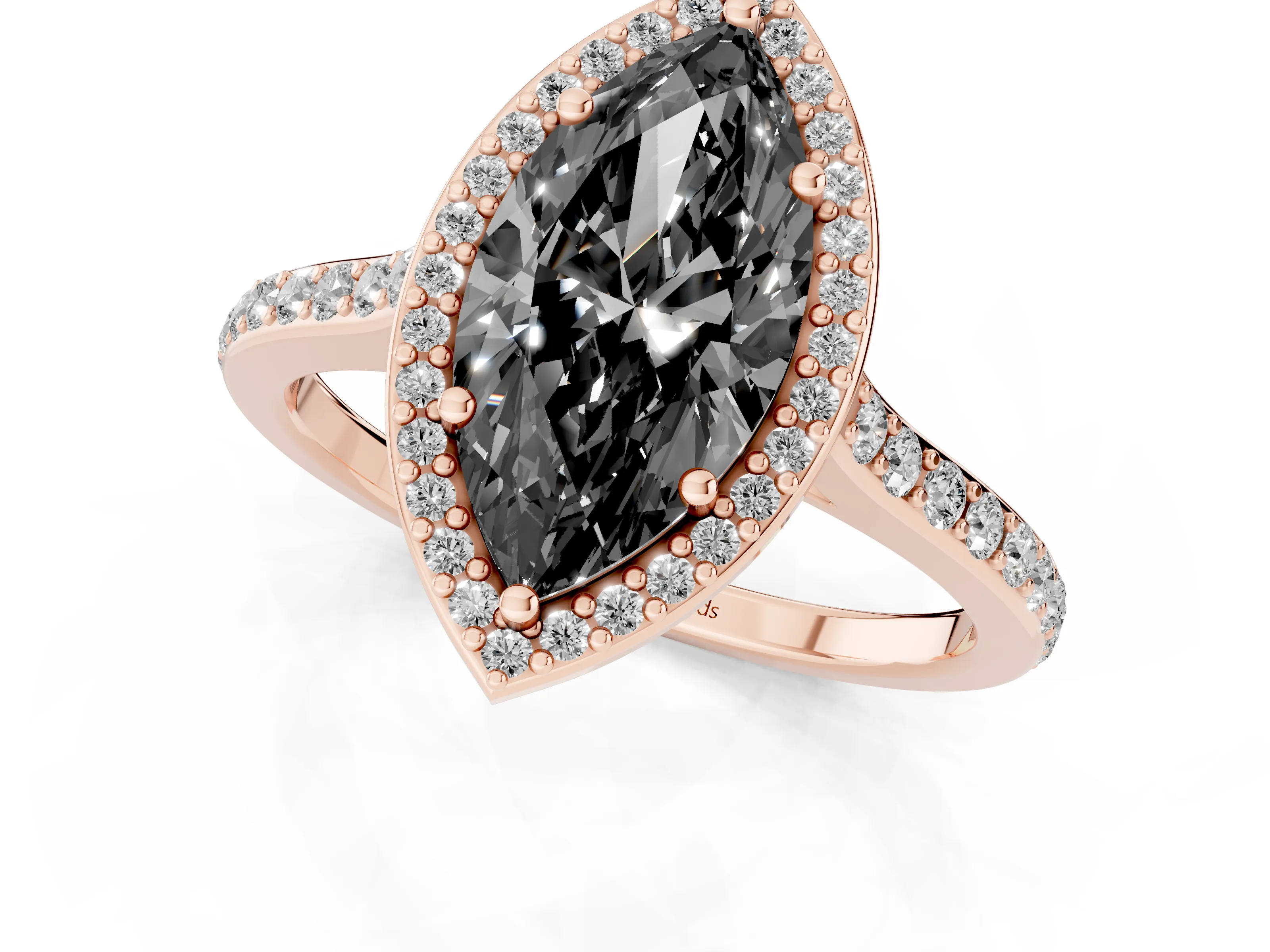 Fancy Black Marquise Cut Diamond Halo Engagement Ring Set in Rose gold with Round Pavé Shoulders and Heart Gallery