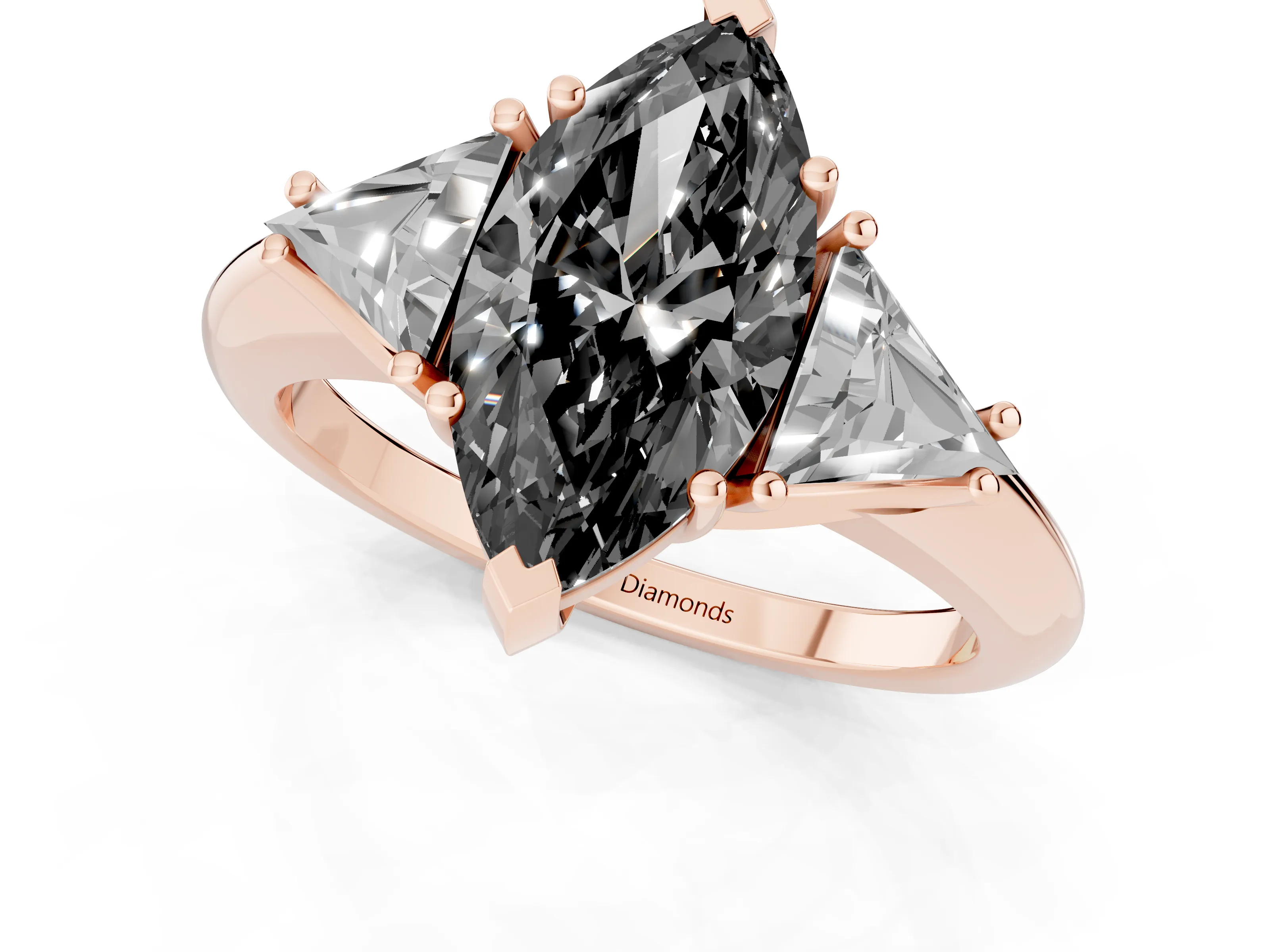 Fancy Black Marquise Cut Diamond Three-Stone Engagement Ring Set in Rose gold with Trillion Side Stones