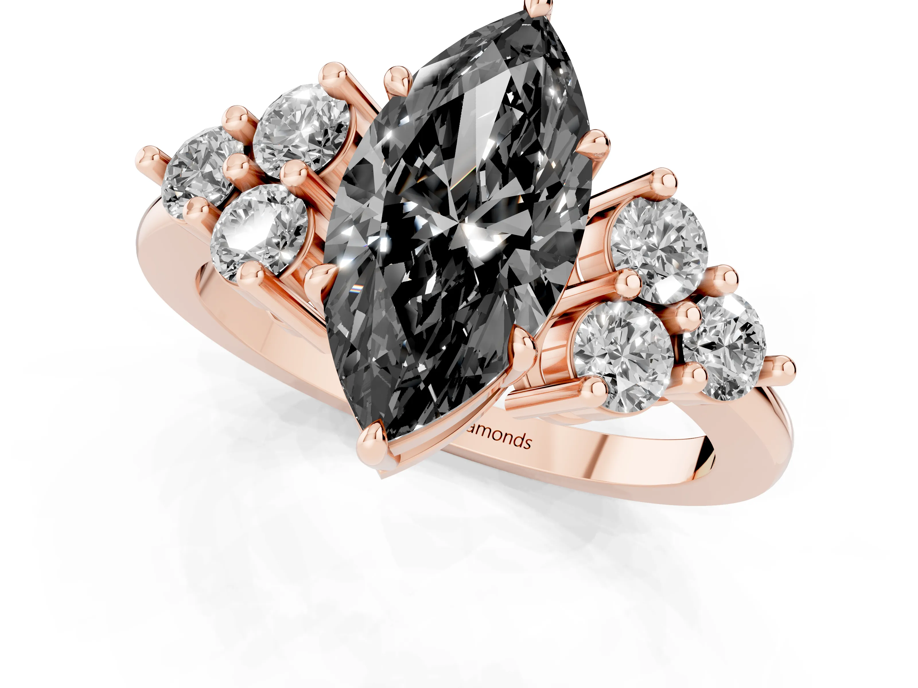 Fancy Black Marquise Cut Diamond Solitaire Ring Set in Rose gold with Cluster Accents on Each Side