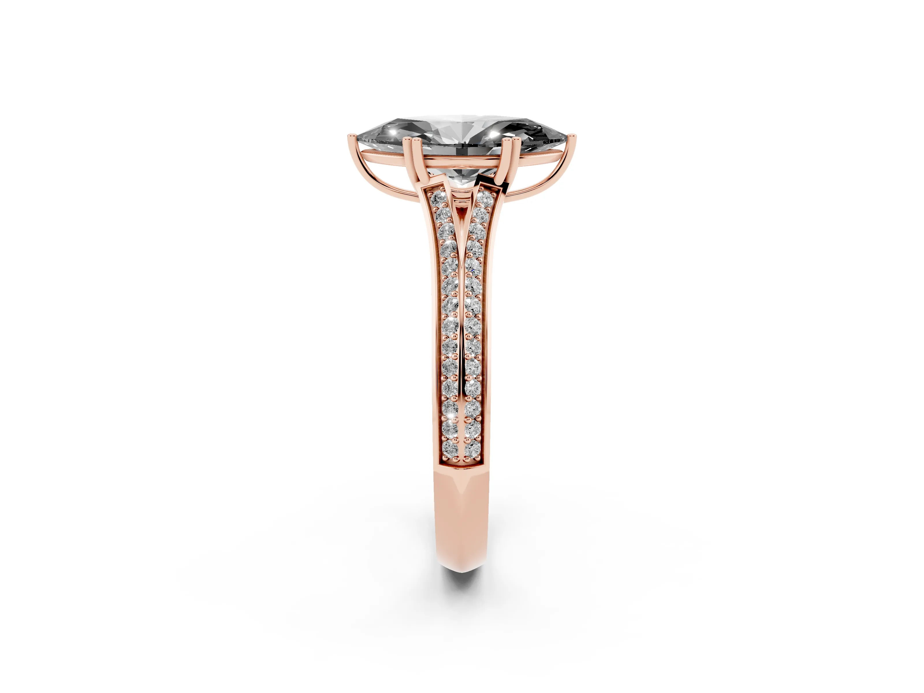 Fancy Black Marquise Cut Diamond Split Shank Pavé Engagement Ring Set in Rose gold with Prong-Set Center Stone