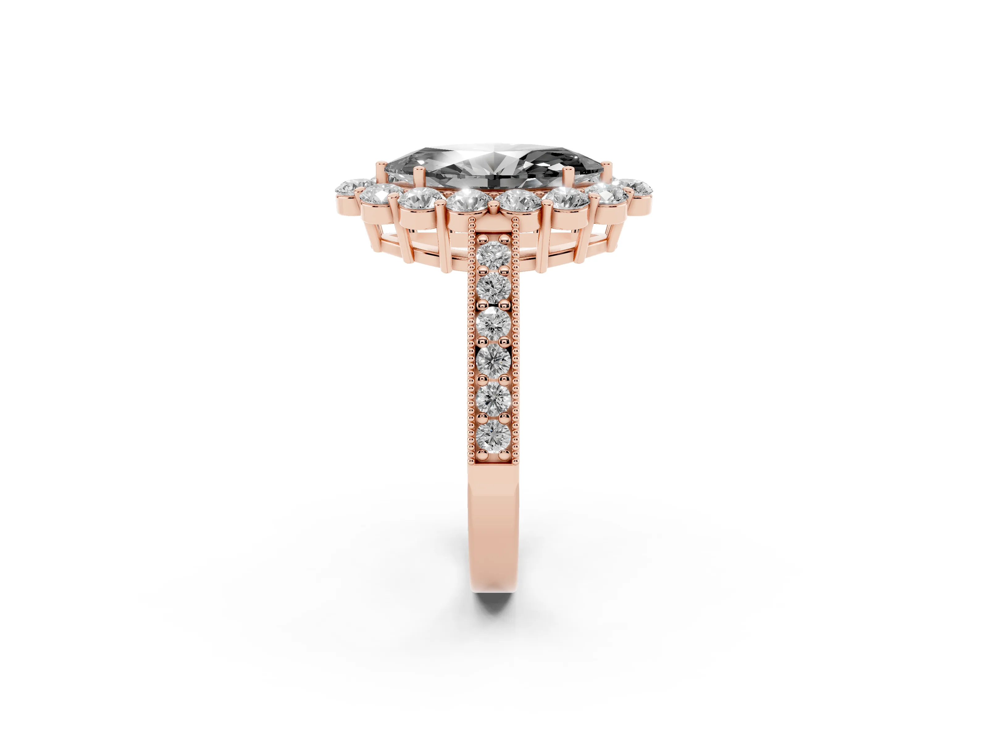 Fancy Black Marquise Cut Diamond Halo Pavé Engagement Ring Set in Rose gold with Milgrain Detailing