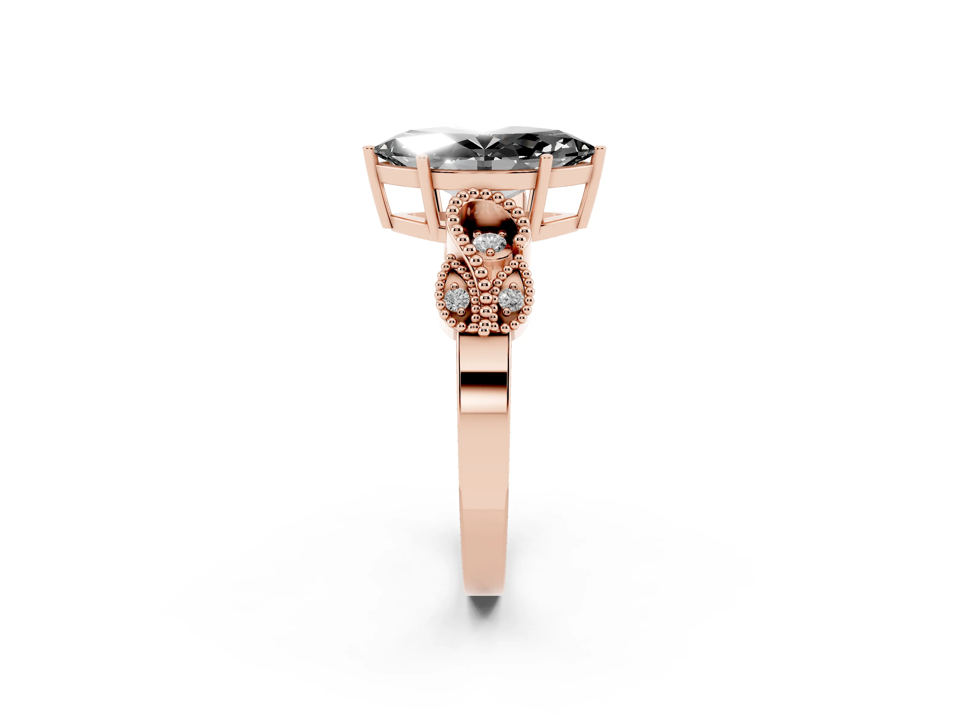 Fancy Black Marquise Cut Diamond Milgrain Leaf Band Solitaire Ring Set in Rose gold with Accent Stones and Prong Setting