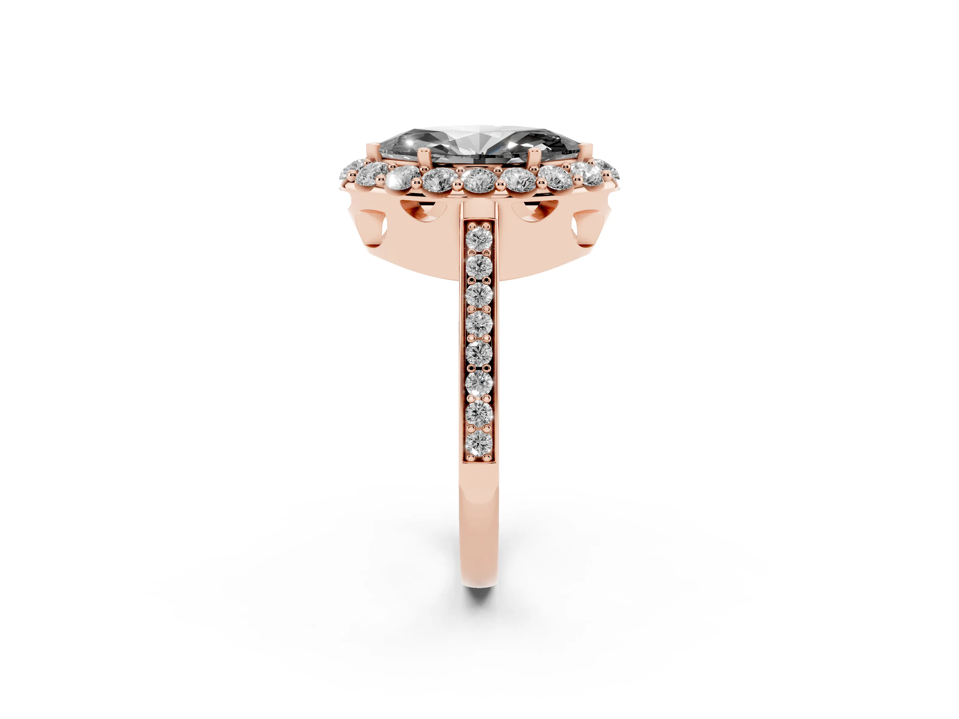 Fancy Black Marquise Cut Diamond Floral Halo Ring Set in Rose gold with Pavé Band and Prong Setting