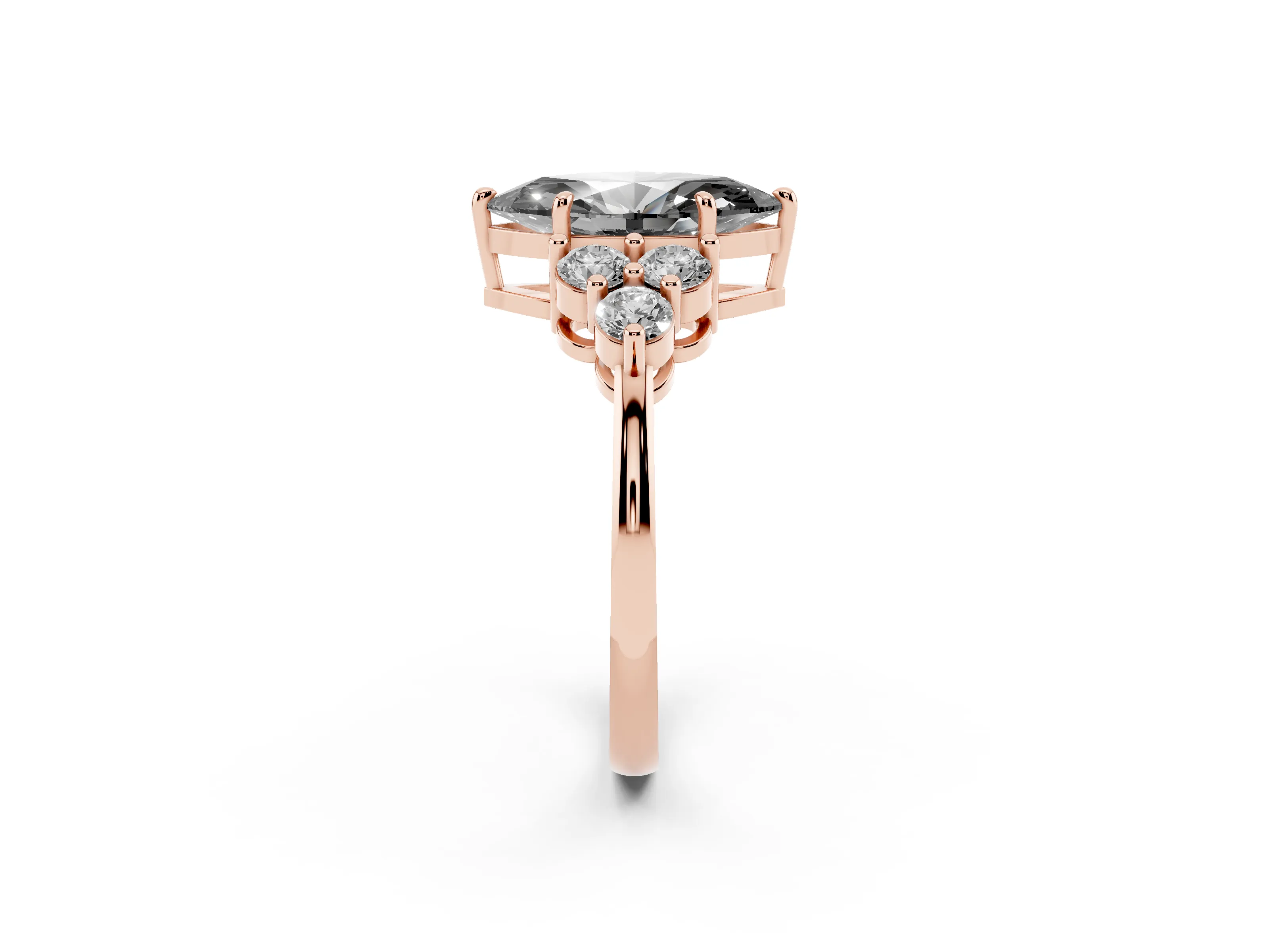 Fancy Black Marquise Cut Diamond Solitaire Ring Set in Rose gold with Cluster Accents on Each Side