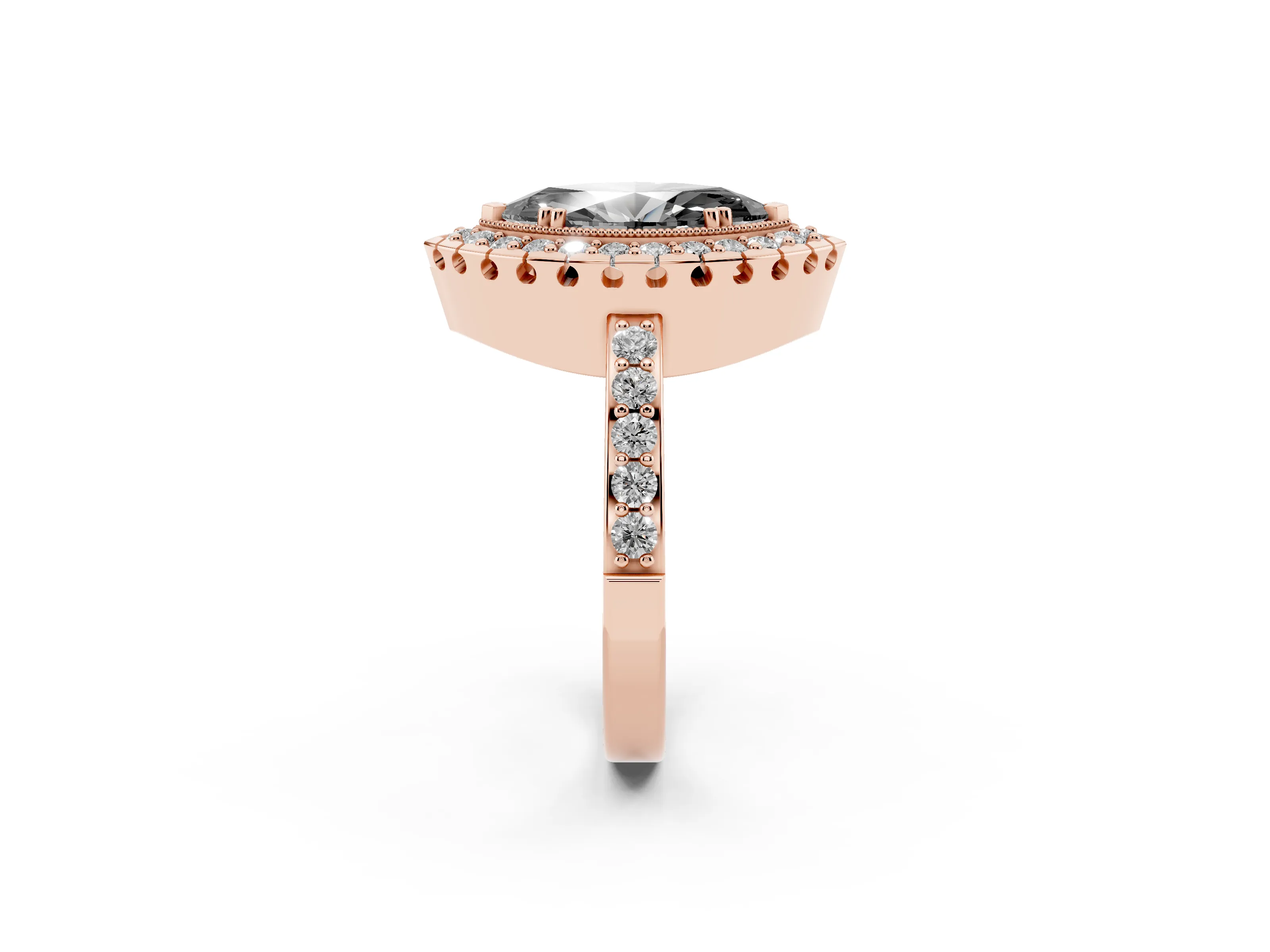 Fancy Black Marquise Cut Diamond Halo Ring Set in Rose gold with Pavé Shank and Prong Setting