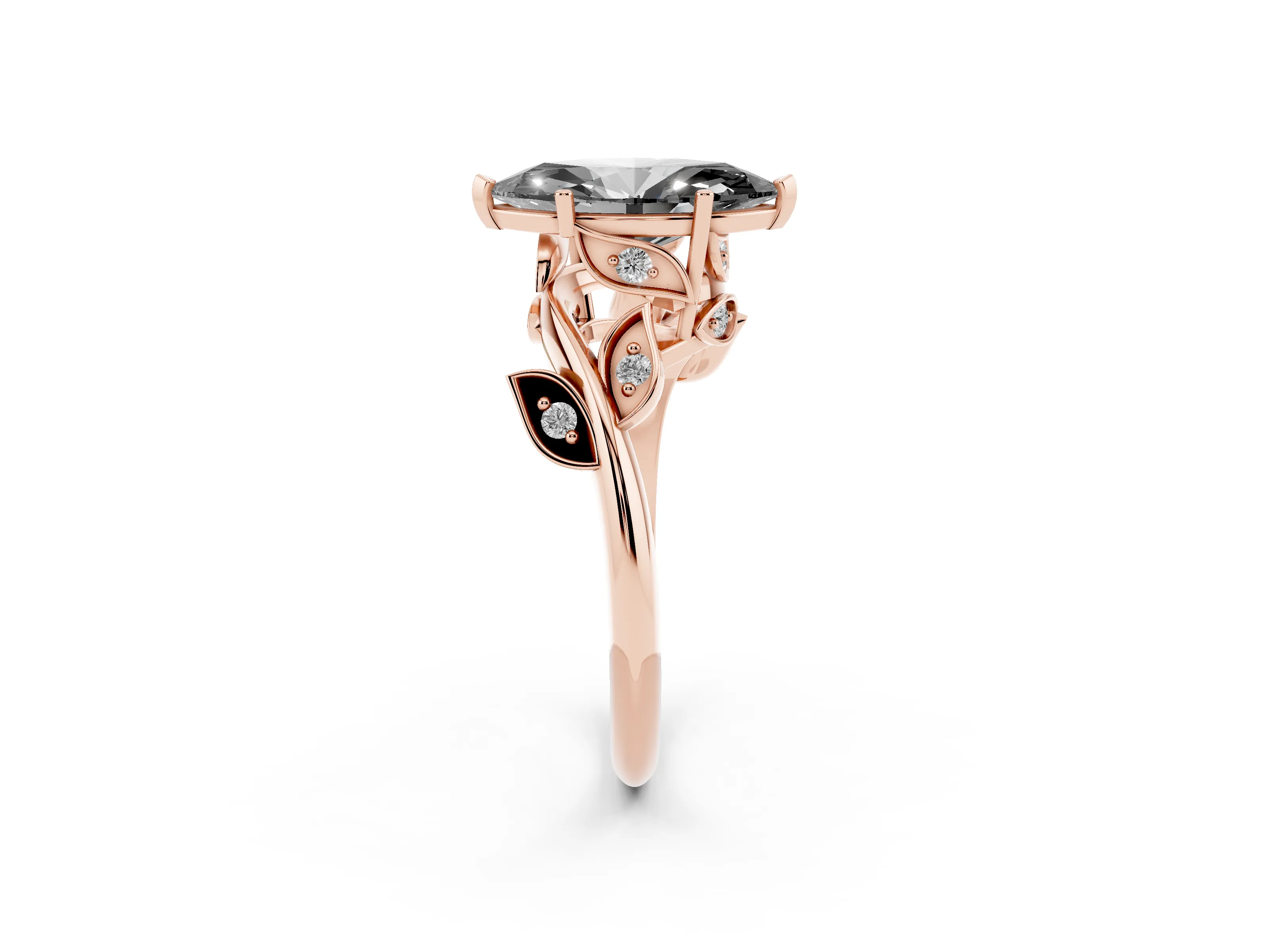 Fancy Black Marquise Cut Diamond Solitaire Twist Engagement Ring Set in Rose gold with Pavé Leaf Accents
